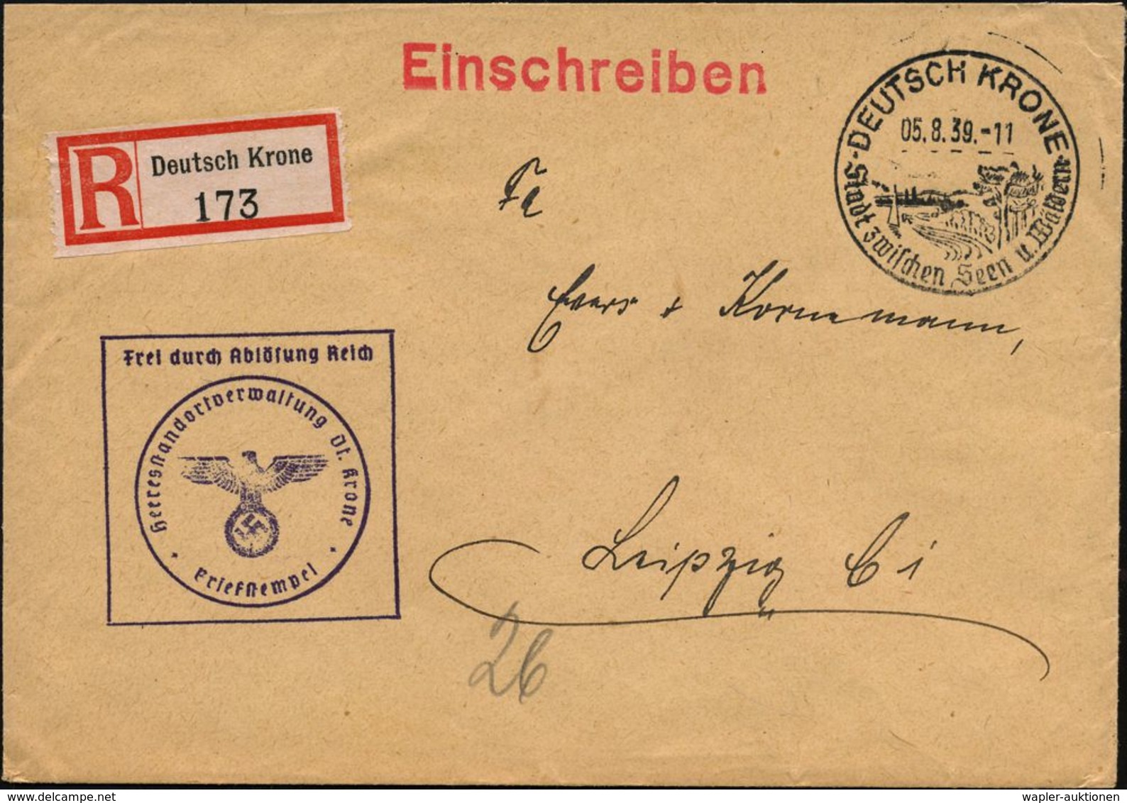 DEUTSCH KRONE/ Stadt Zw.Seen U.Wäldern 1939 (5.8.) HWSt + Viol.HdN: FdAR/Heeresstandortverwaltung Dt. Krone + RZ: Deutsc - Autres & Non Classés
