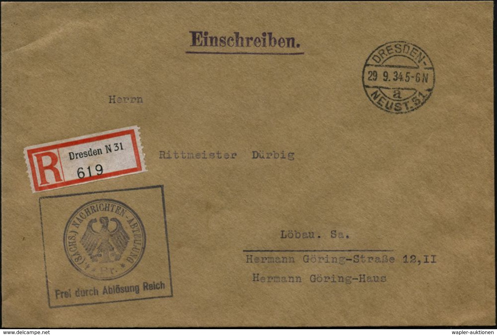 DRESDEN-/ A/ NEUST.31 1934 (29.9.) 1K-Brücke + Viol. Ra.: 4. (SÄCHS.) NACHRICHTEN-ABTEILUNG/FdAR (noch Weimarer Adler!,  - Andere & Zonder Classificatie
