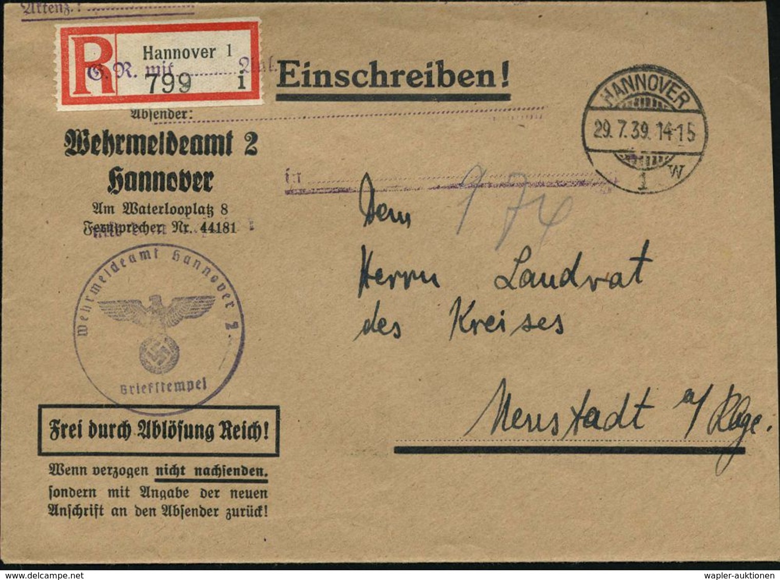 HANNOVER/ 1w 1939 (29.7.) 1K-Gitter Auf Dienst-Bf: Wehrmeldeamt 2/FdAR = Für Einberufungsbefehle (ohne Inhalt) + Viol. D - Andere & Zonder Classificatie