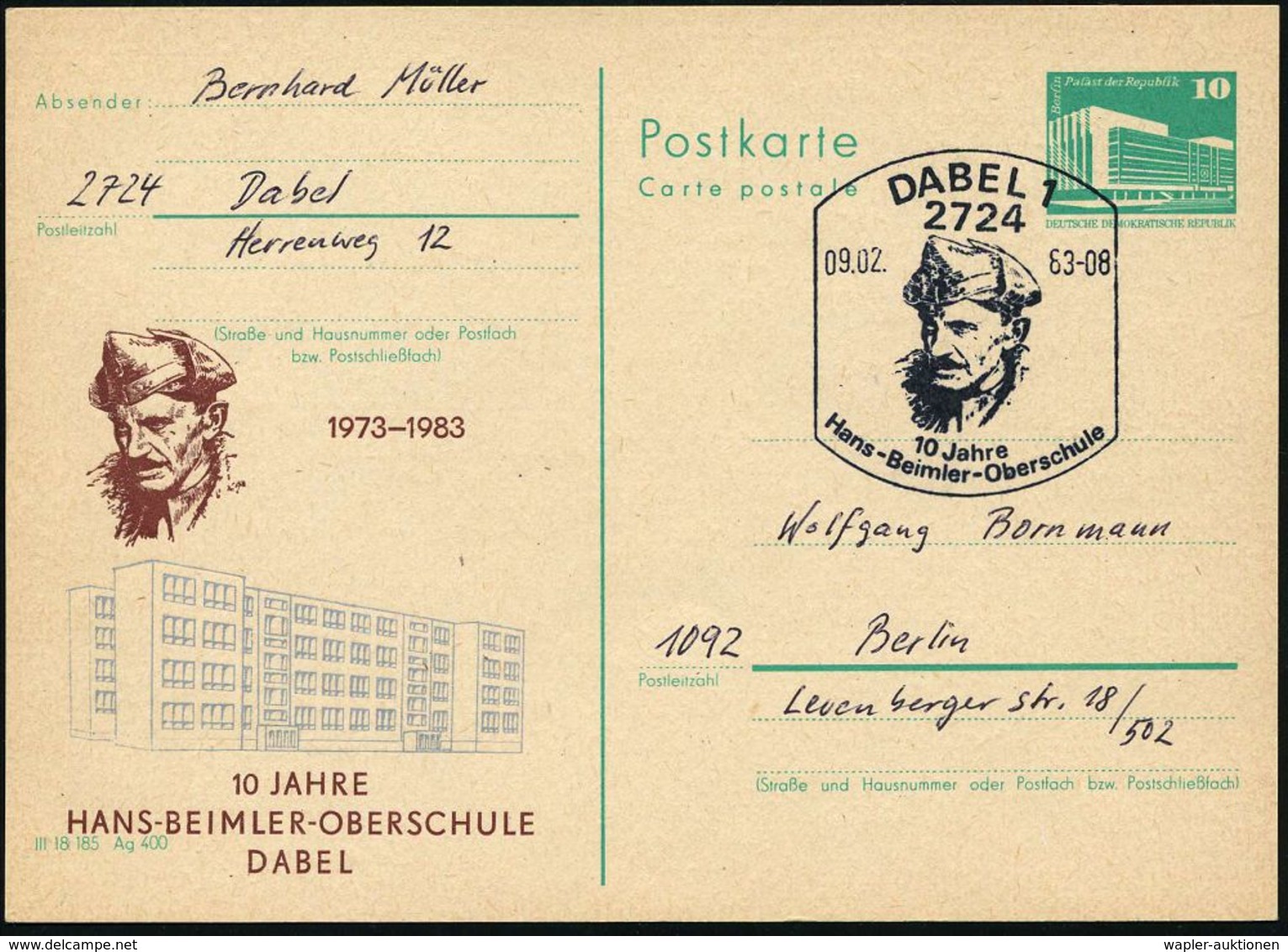 2724 DABEL 1/ 10 Jahre/ Hans-Beimler-Oberschule 1983 (9.2.) SSt Auf Amtl. PZD 10 Pf. PdR, Grün + Amtl. Zudruck : 10 JAHR - Altri & Non Classificati