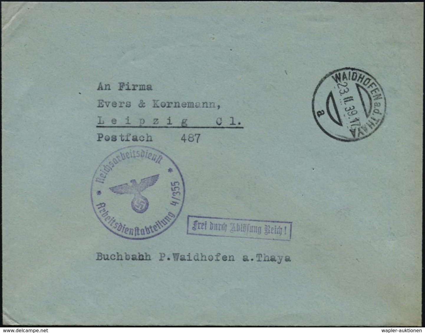 WAIDHOFEN A.d.THAYA/ A 1939 (23.2.) Aptierter, österr. 1K-Steg + Viol. 1K-HdN: Reichsarbeitsdienst/Arbeitsdienstabt. 4-3 - Andere & Zonder Classificatie