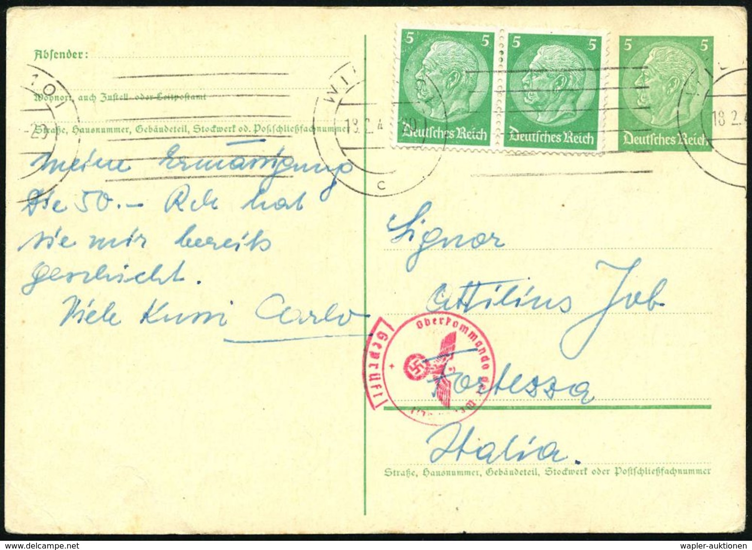 WIEN 101/ C 1940 (18.2.) BdMSt Auf Orts-P 5 Pf. Hindenbg. + 2x 5 Pf. Hindenbg. = 15 Pf. + Kleiner Zensur-1K-Segm.: Geprü - Andere & Zonder Classificatie