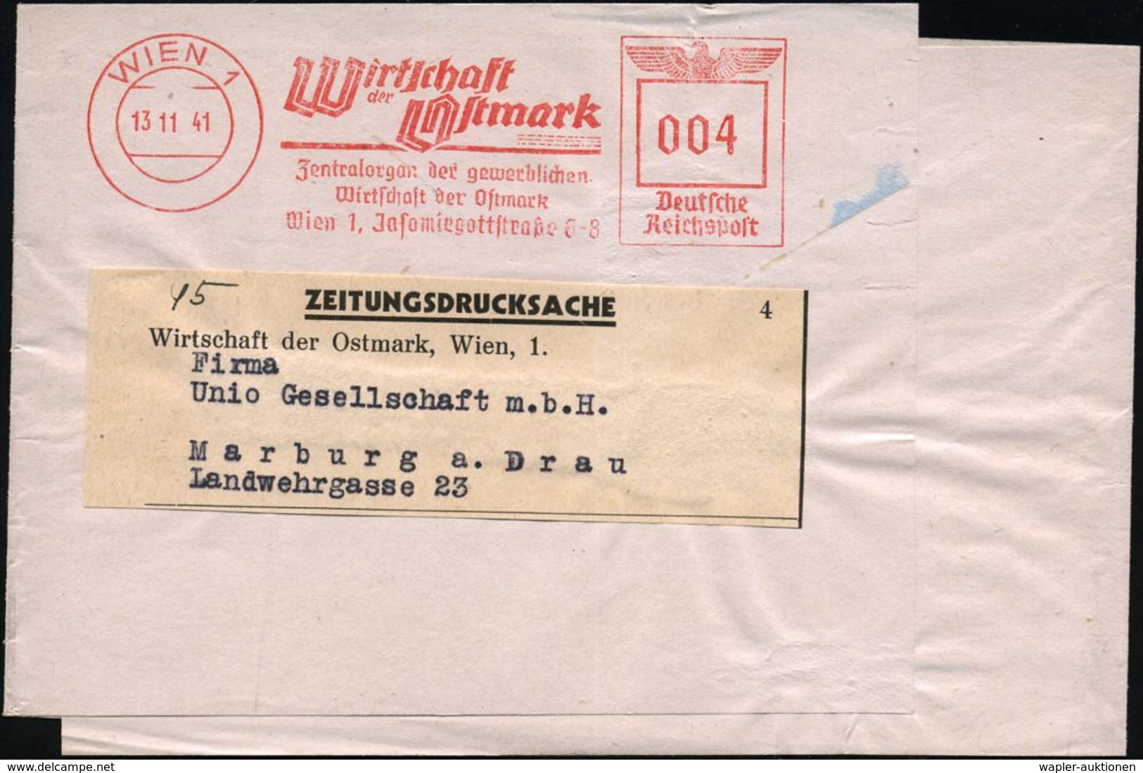 WIEN 1/ Wirtschaft/ Der Ostmark/ Zentralorgan Der Gewerbl./ Wirtschaft Der Ostmark.. 1941 (13.11.) AFS 004 Pf. Klar Auf  - Autres & Non Classés