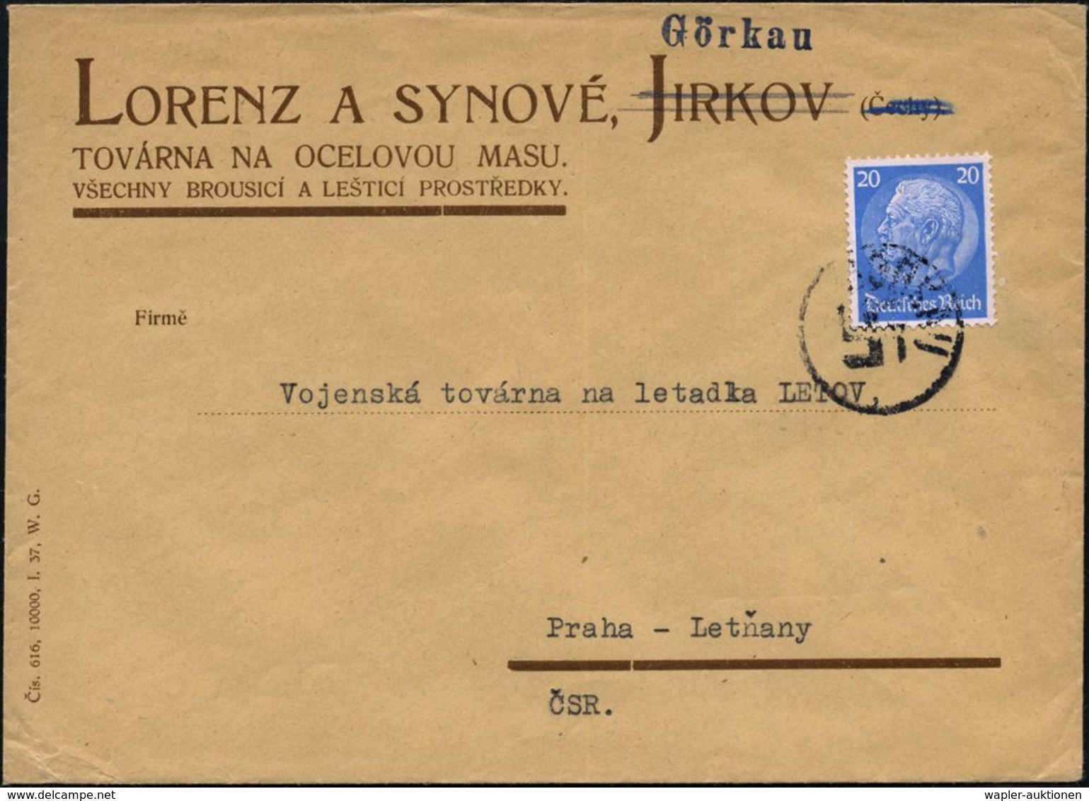 GÖRKAU 1938 (17.10.) 1K-Notstempel: GÖRKAU Ohne Datum Mit Hakenkreuz Auf EF 20 Pf. Hindenbg., Blau , Geänderter Tschechi - Sonstige & Ohne Zuordnung