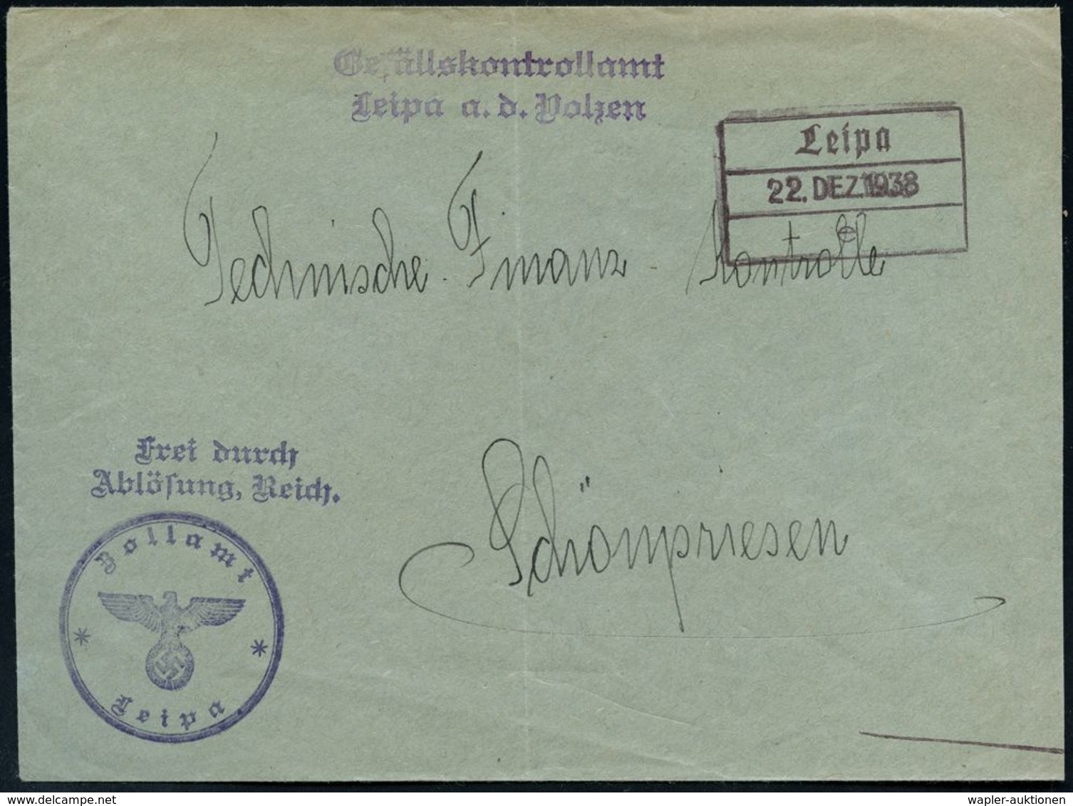 Leipa 1938 (22.12.) Ra.3 = Notstempel + 2L: Frei Durch/Ablösung, Reich, + 2L: Gefällskontrollamt/Leipa A.d. Polzen + 1K: - Autres & Non Classés