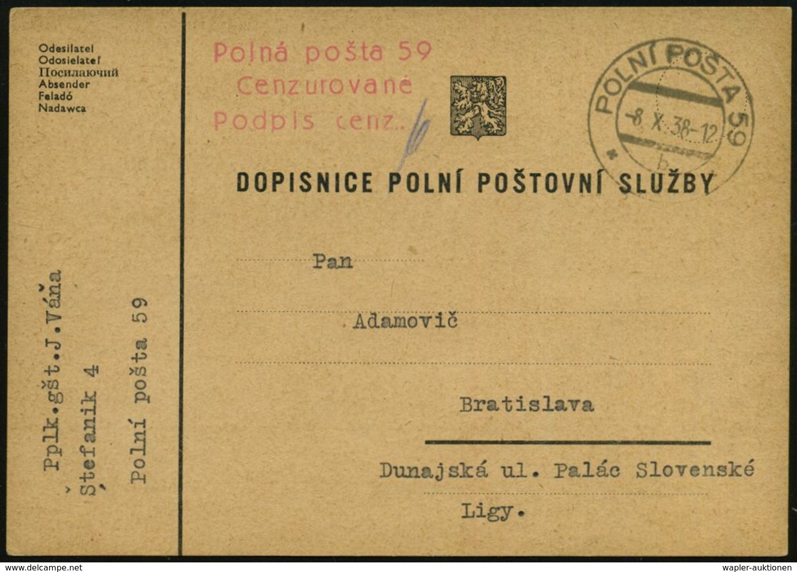 TSCHECHOSLOWAKEI 1938 (8.10.) 2K-Steg: POLNI POSTA 59/b/*** + Roter Truppen-Zensur-3L: Polná; Posta 59/ Cenzurovane/ Pos - Altri & Non Classificati