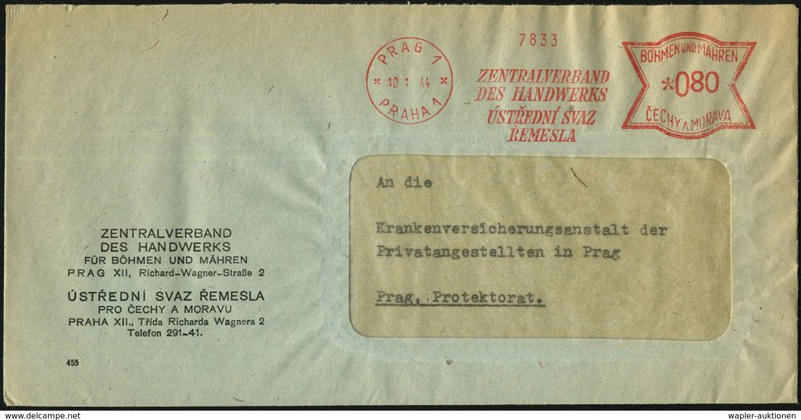 BÖHMEN & MÄHREN 1944 (10.1.) Zweisprachiger AFS.: PRAG 1/*PRAHA 1*/ZENTRALVERBAND/DES HANDWERKS.. , Klar Gest Dienst-Ort - Altri & Non Classificati