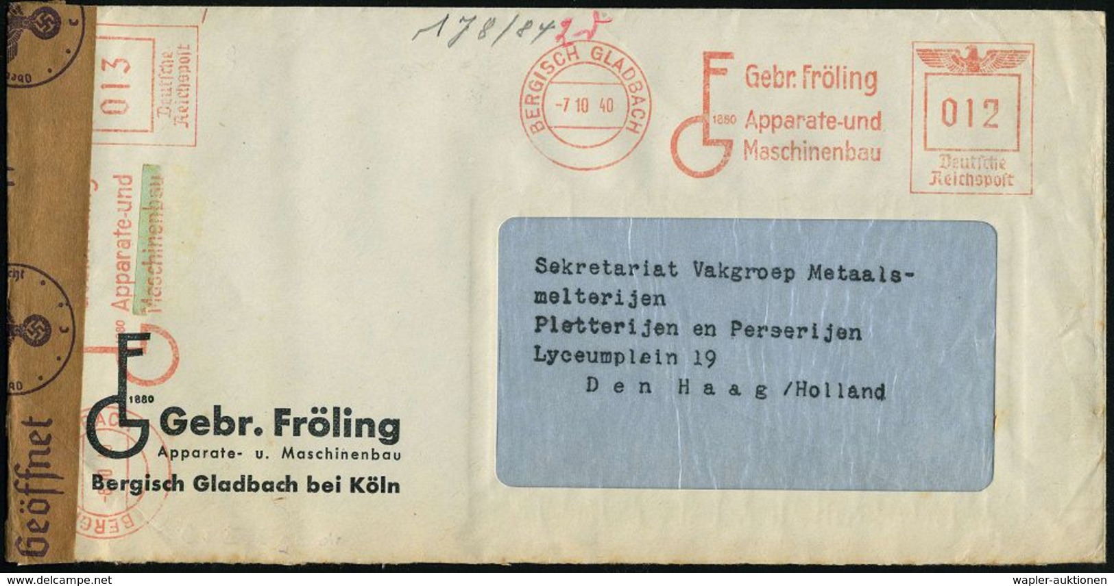 BERGISCH GLADBACH/ Gebr.Fröling/ GF 1880/ Apparate-u./ Maschinenbau 1940 (7.10.) Seltener AFS 012 Pf. + 013 Pf. = 2 Abdr - Andere & Zonder Classificatie