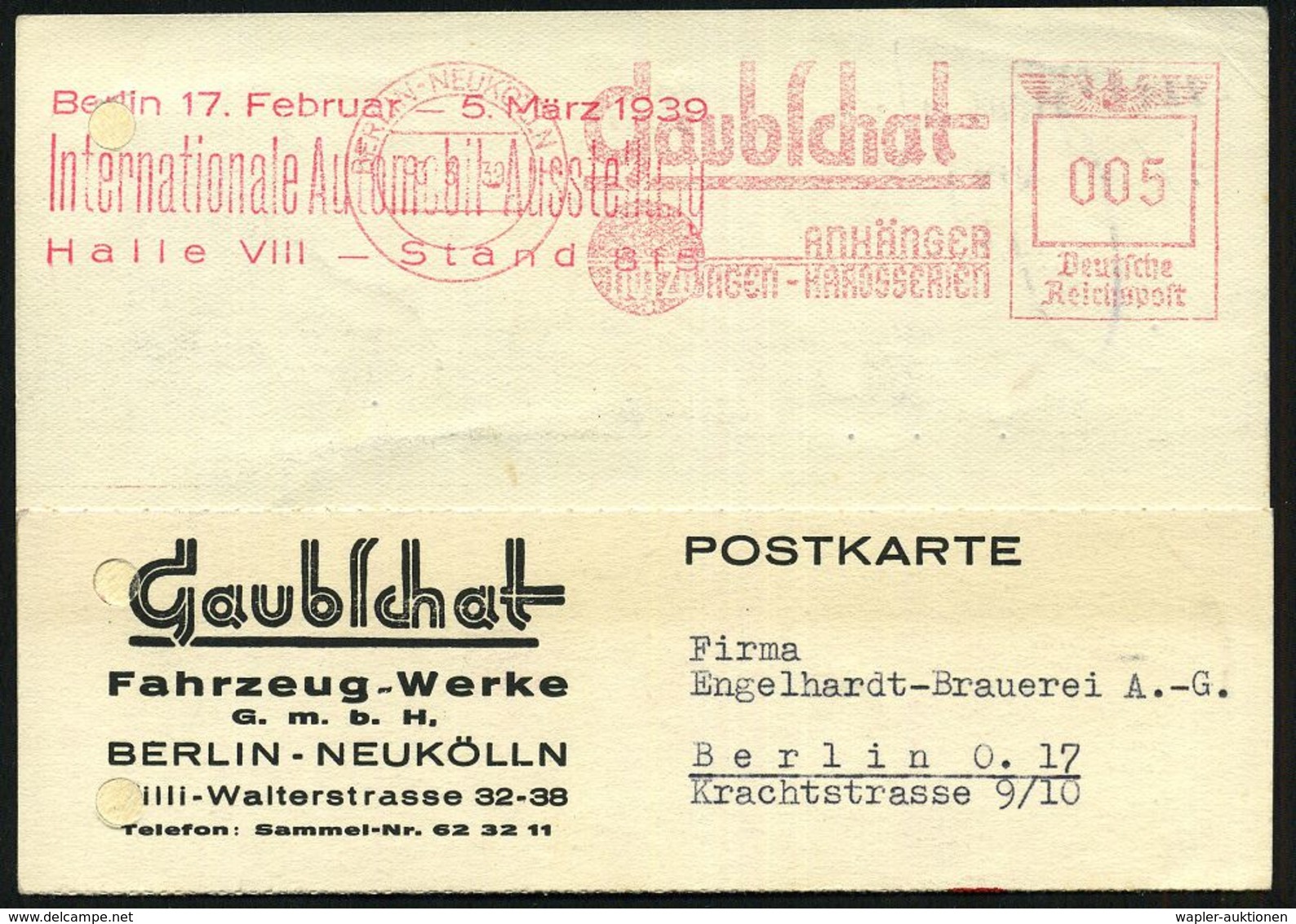 BERLIN-NEUKÖLLN 1/ Gaubschat/ ANHÄNGER/ NUTZWAGEN-KAROSSERIEN 1939 (3.3.) Seltener AFS + Roter HdN-3L: Berlin 17. Februa - Andere & Zonder Classificatie