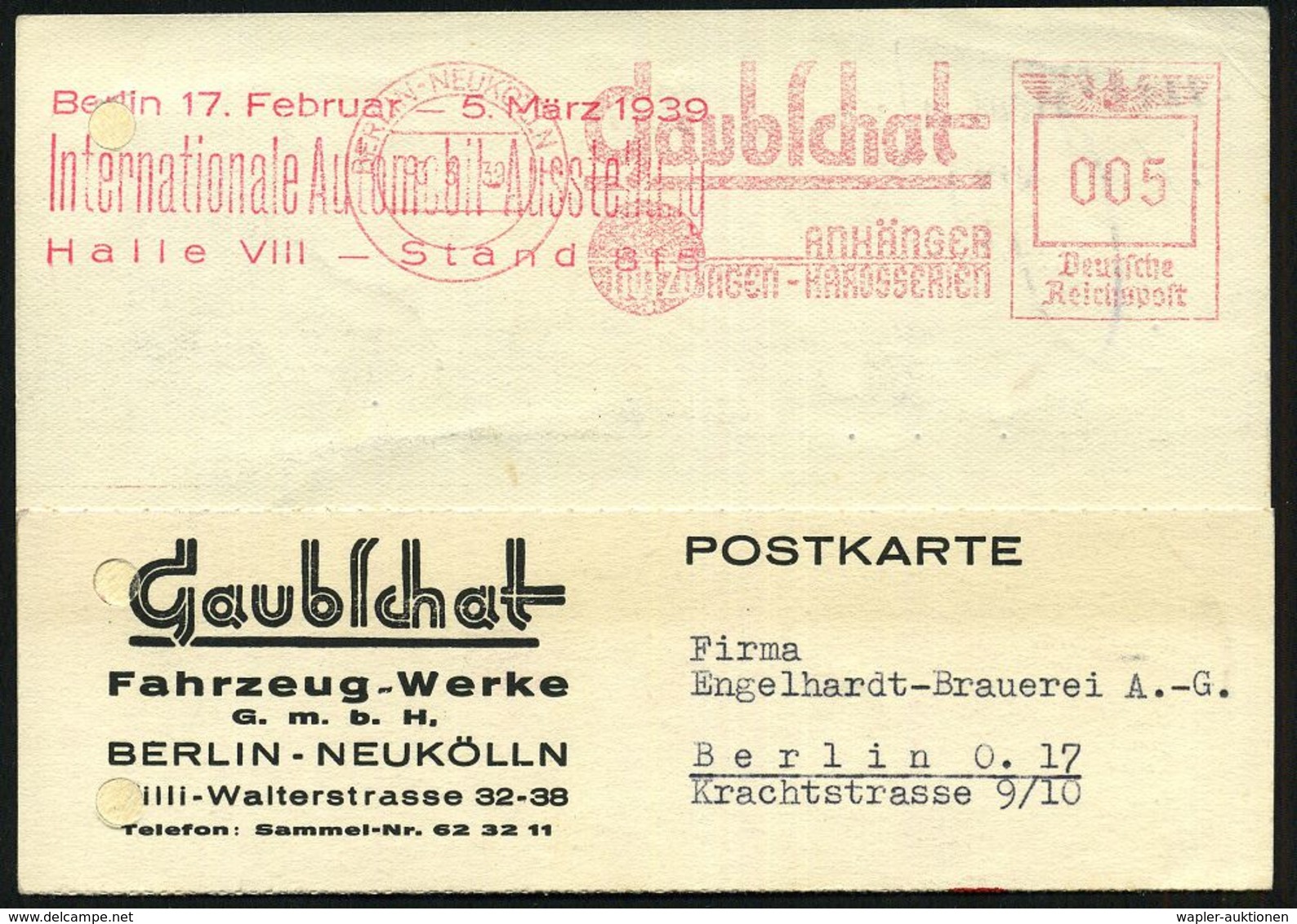 BERLIN-NEUKÖLLN 1/ Gaubschat/ ANHÄNGER/ NUTZWAGEN-KAROSSERIEN 1939 (3.3.) Seltener AFS + Roter HdN-3L: Berlin 17. Februa - Altri & Non Classificati