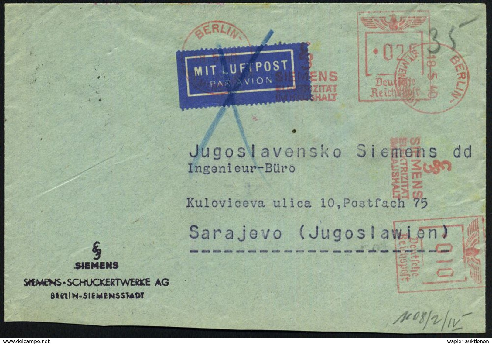 BERLIN-/ SIEMENSSTADT/ SS/ SIEMENS/ ELEKTRIZITÄT/ IM HAUSHALT 1939 (18.5.) AFS 025 Pf. + 010 Pf. + Rs. OKW-Zensurstreife - Sonstige & Ohne Zuordnung