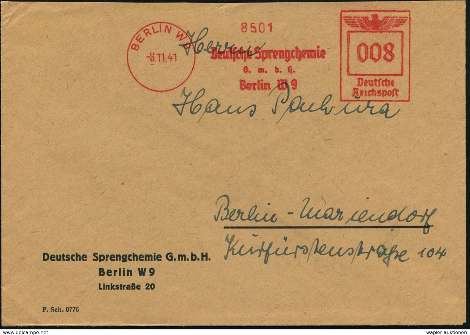 BERLIN W9/ Deutsche Sprengchemie/ GmbH 1941 (8.11.) AFS Auf Firmen-Bf. (oben Kl. Rißchen) Klar! (Dü.E-5BGh) - RÜSTUNGSIN - Sonstige & Ohne Zuordnung