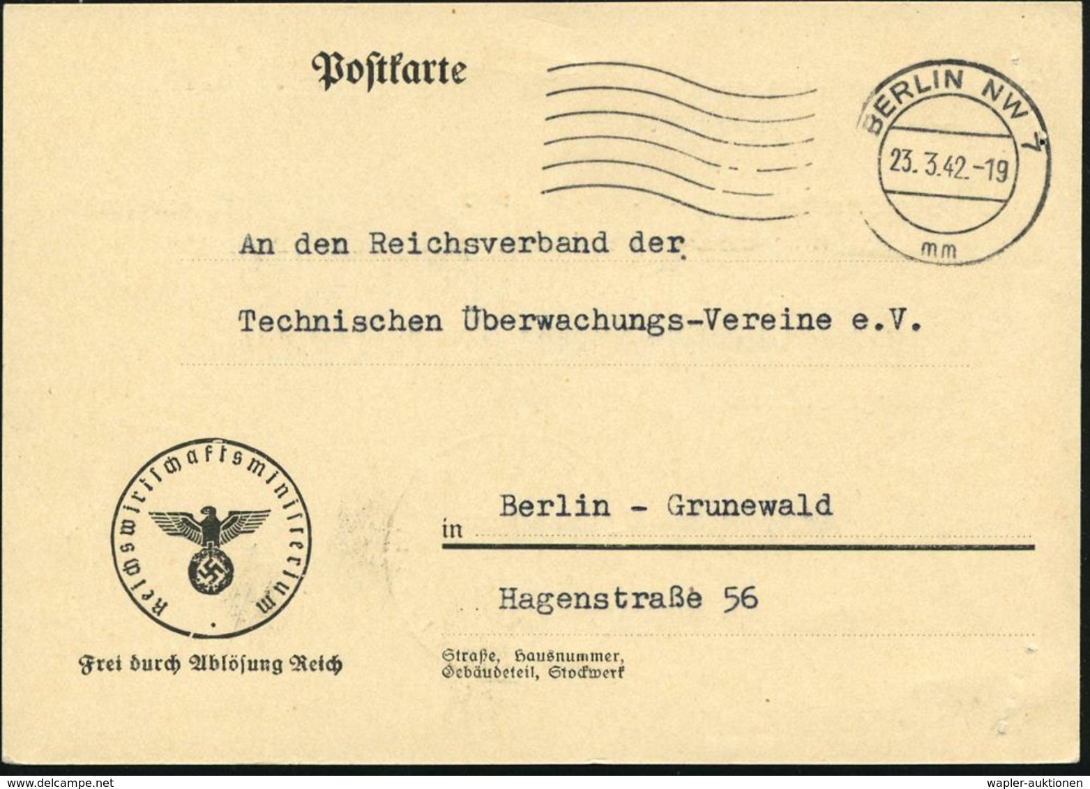 BERLIN NW 7/ Mm 1942 (23.3.) MaWellenSt Auf Dienst-Kt.: Reichswirtschaftsministerium/FdAR (Minister War 1942 Walter Funk - Altri & Non Classificati