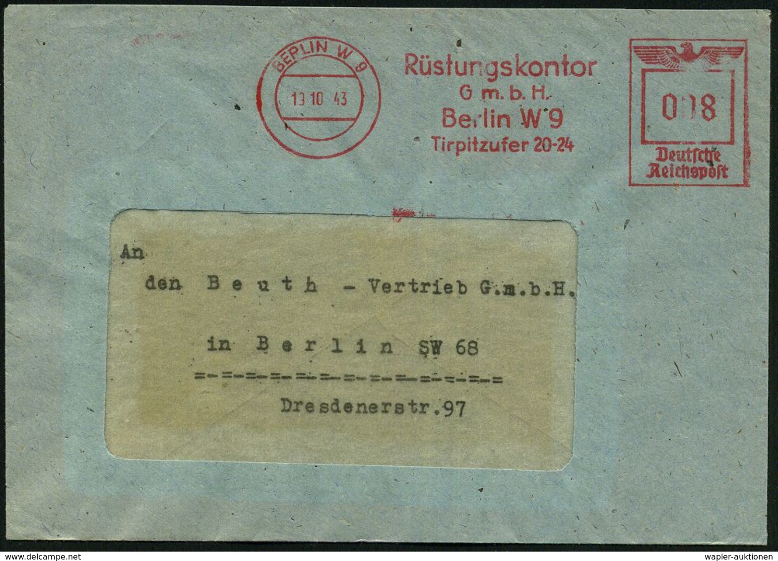 BERLIN W 9/ Rüstungskontor/ G.m.b.H./ ..Tirpitzufer 20-24 1943 (19.10.) AFS , Rs. Abs.-Vordr., Orts-Bf. (Dü.E-5CGo) - RÜ - Autres & Non Classés