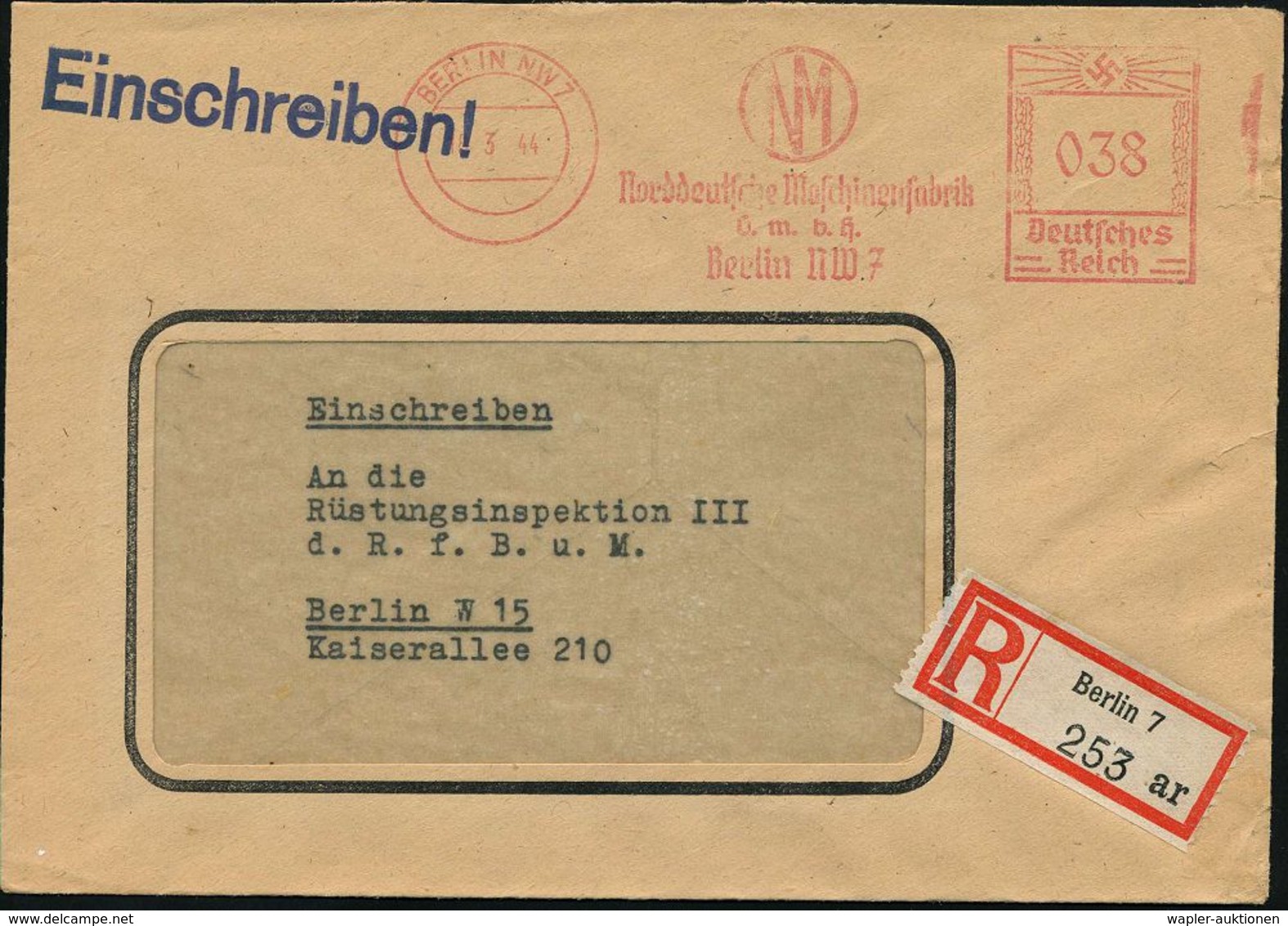 BERLIN NW 7/ NM/ Norddeutsche Maschinenfabrik/ GmbH.. 1944 (18.3.) AFS 038 Pf. (Monogr.-Logo) = Rüstungs-Betrieb + RZ: B - Sonstige & Ohne Zuordnung