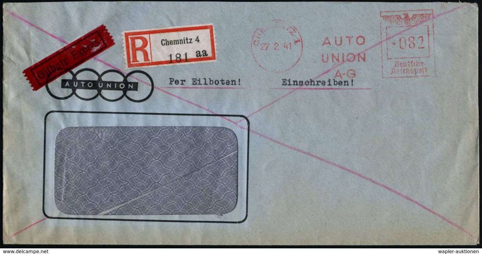 CHEMNITZ 1/ AUTO/ UNION/ A-G 1941 (27.2.) AFS 082 Pf. + RZ: Chemnitz 4/a A , Firmen-Bf.: AUTO UNION (4 Ringe) = Herstell - Autres & Non Classés