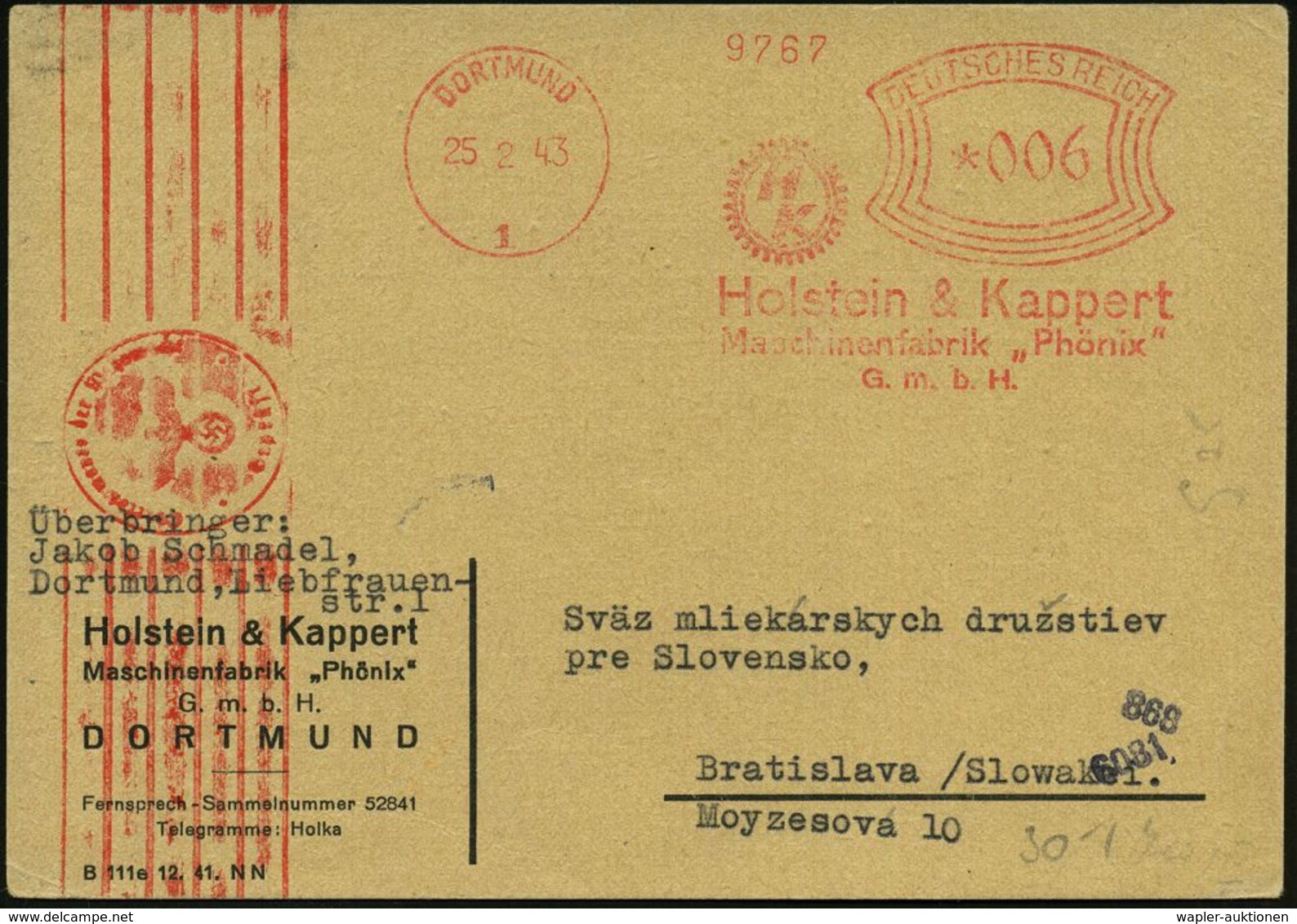 DORTMUND/ 1/ Holstein & Kappert/ Maschinenfabrik "Phönix"/ GmbH 1943 (25.2.) AFS 006 Pf. (Zahnrad-Logo) + Roter Zensur-M - Sonstige & Ohne Zuordnung