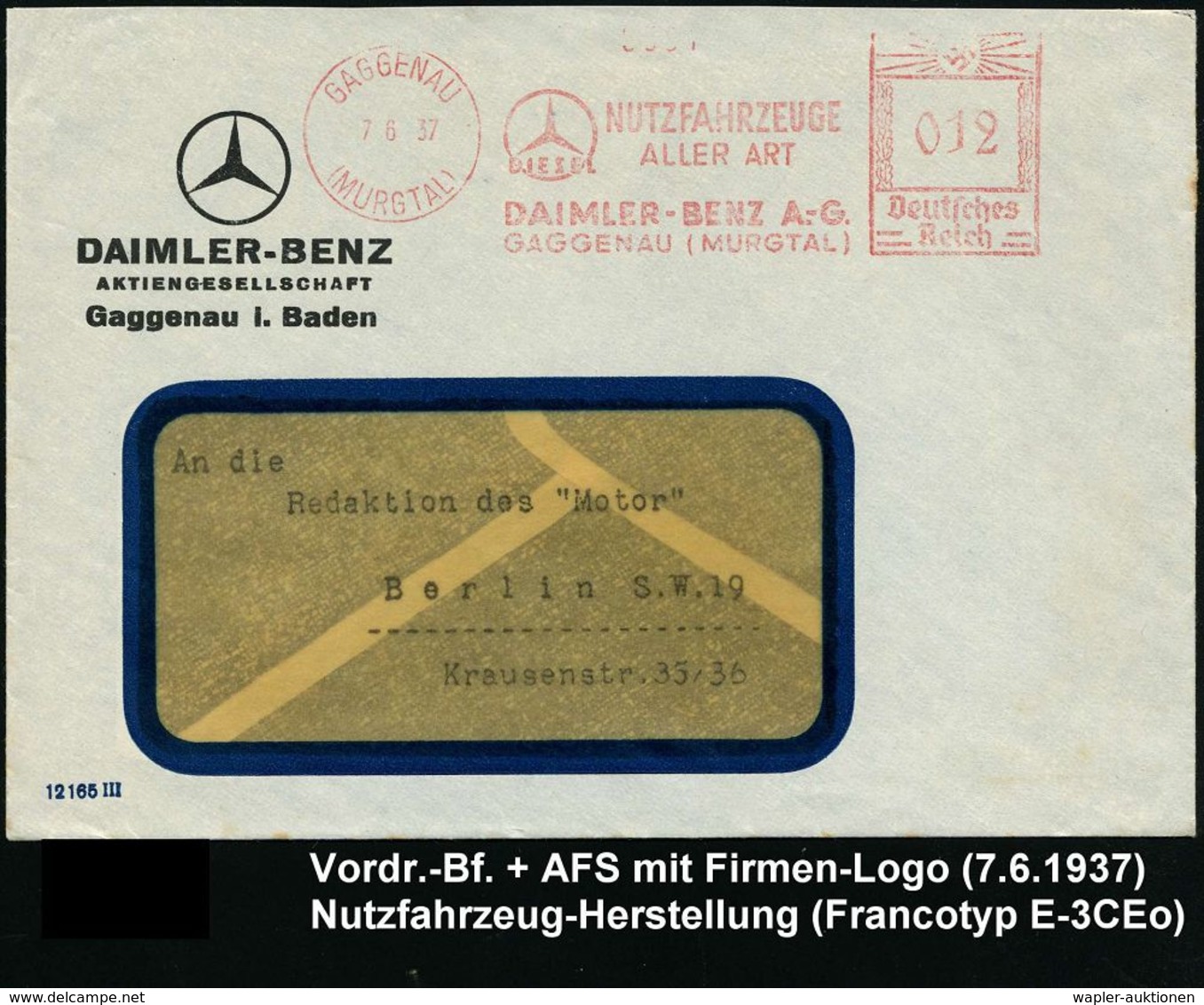 GAGGENAU/ (MURGTAL)/ DIESEL/ NUTZFAHRZEUGE/ ALLER ART/ DAIMLER-BENZ AG 1937 (7.6.) AFS = MB Stern-Logo , Inl.-Firmen-Bf. - Sonstige & Ohne Zuordnung