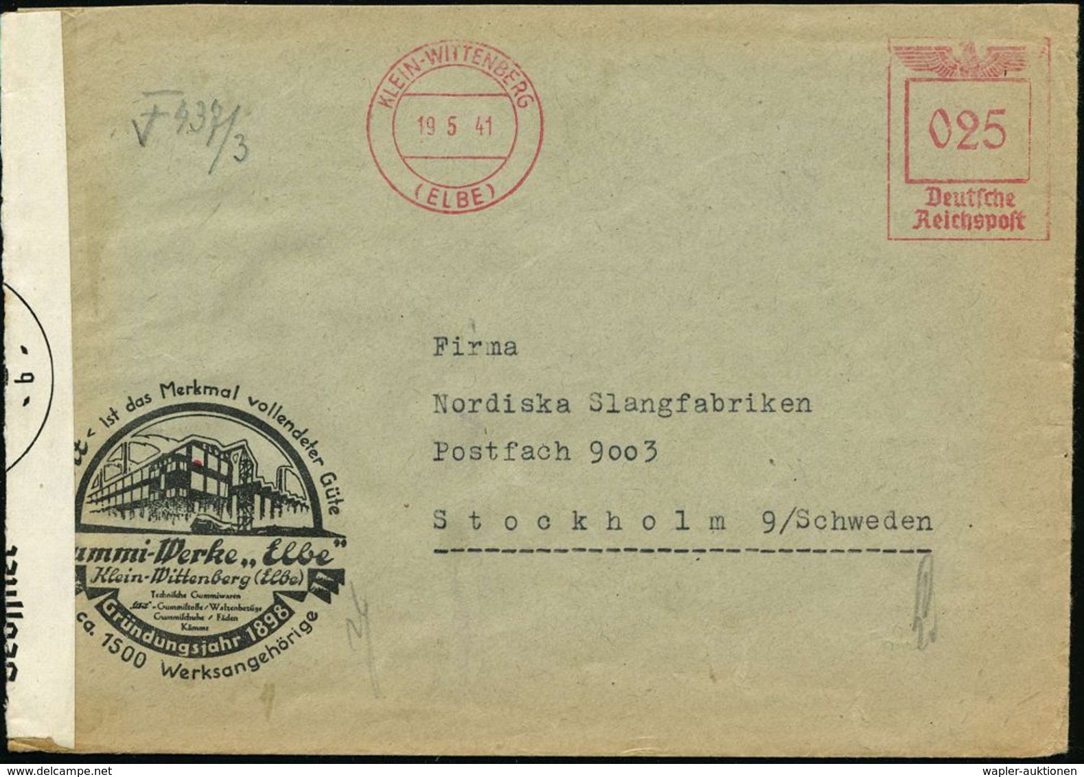 KLEIN-WITTENBERG/ (ELBE) 1941 (19.5.) AFS 025 Pf. Ohne Werbeklischee + OKW-Zensur-Streifen + Roter 1K: "b" (= Berlin, Ri - Other & Unclassified