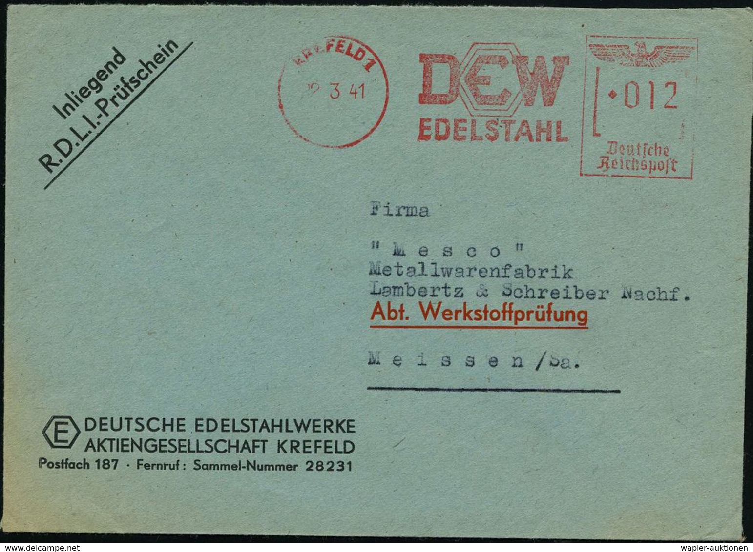 KREFELD 1/ DEW/ EDELSTAHL 1941 (22.3.) AFS (Monogr.Logo) Auf Firmen-Bf.: DEUTSCHE EDELSTAHLWERKE AG.. R.D.L.-Prüfschein  - Autres & Non Classés