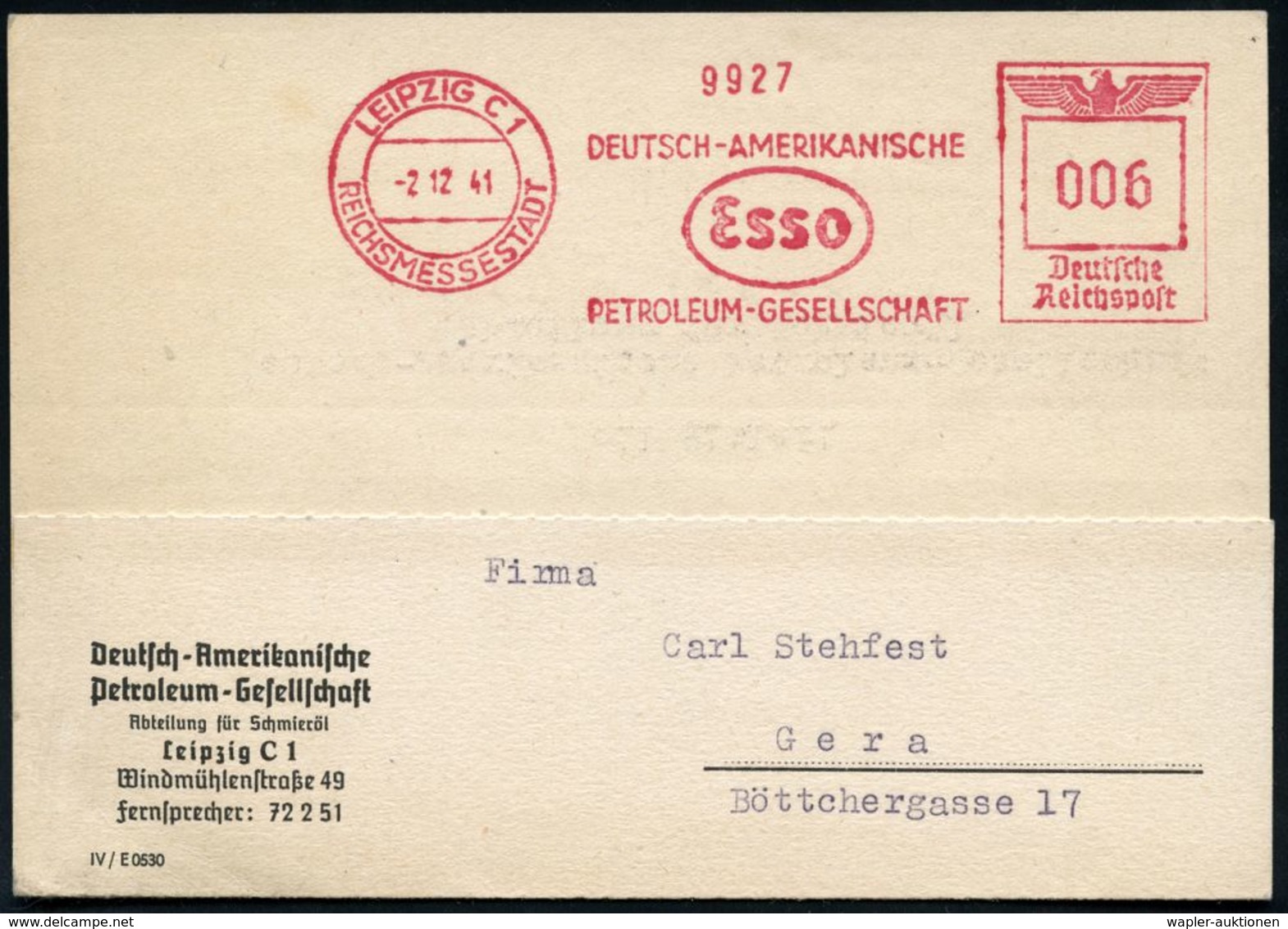 LEIPZIG C1/ REICHSMESSESTADT/ DEUTSCH-AMERIKANISCHE/ PETROLEUM-GES./ Esso 1941 (2.12.) AFS = Esso-Logo (entworfen V. Ray - Andere & Zonder Classificatie