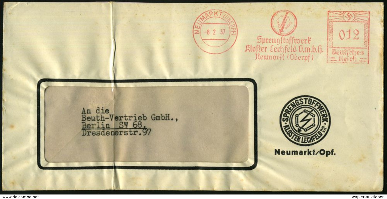 NEUMARKT (OBERPF)/ Sprengstoffwerk/ Kloster Lechfeld GmbH 1937 (8.2.) AFS (Blitz-Logo) Auf Motivgl. Firmen-Bf. (gefaltet - Sonstige & Ohne Zuordnung