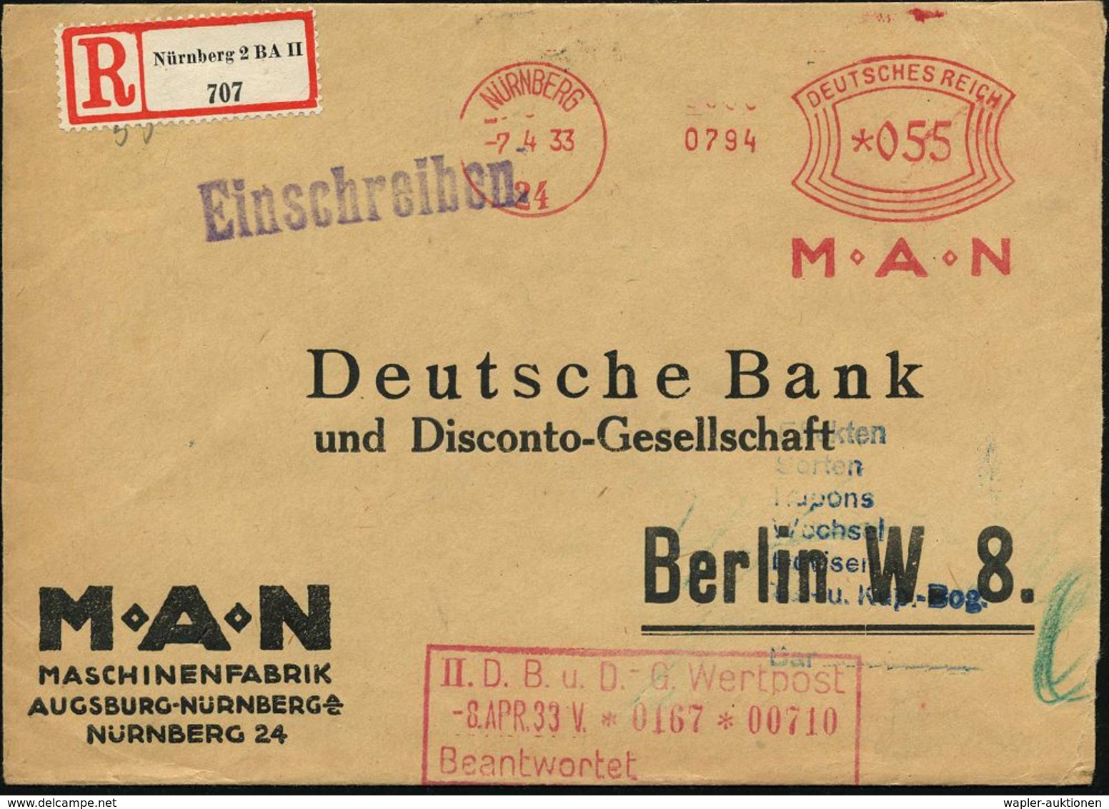 NÜRNBERG/ 24/ M-A-N 1933 (7.4.) AFS 055 Pf. (Firmen-Logo) Auf Motivgl. Firmen-R-Bf. (an Dt.-Bank) Klar! = Hersteller LKW - Autres & Non Classés