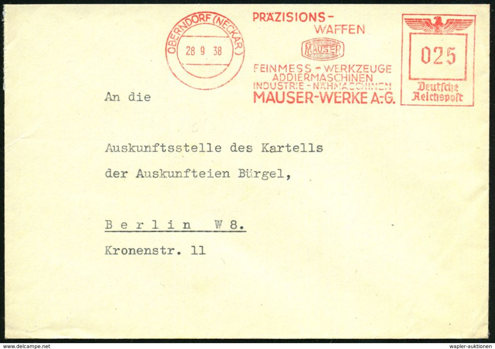 OBERNDORF (NECKAR)/ PRÄZISIONS-/ WAFFEN/ MAUSER.. 1938 (28.9.) AFS (Logo) Rs. Abs.-Vordr., = Hersteller Pistole 08, Kara - Autres & Non Classés