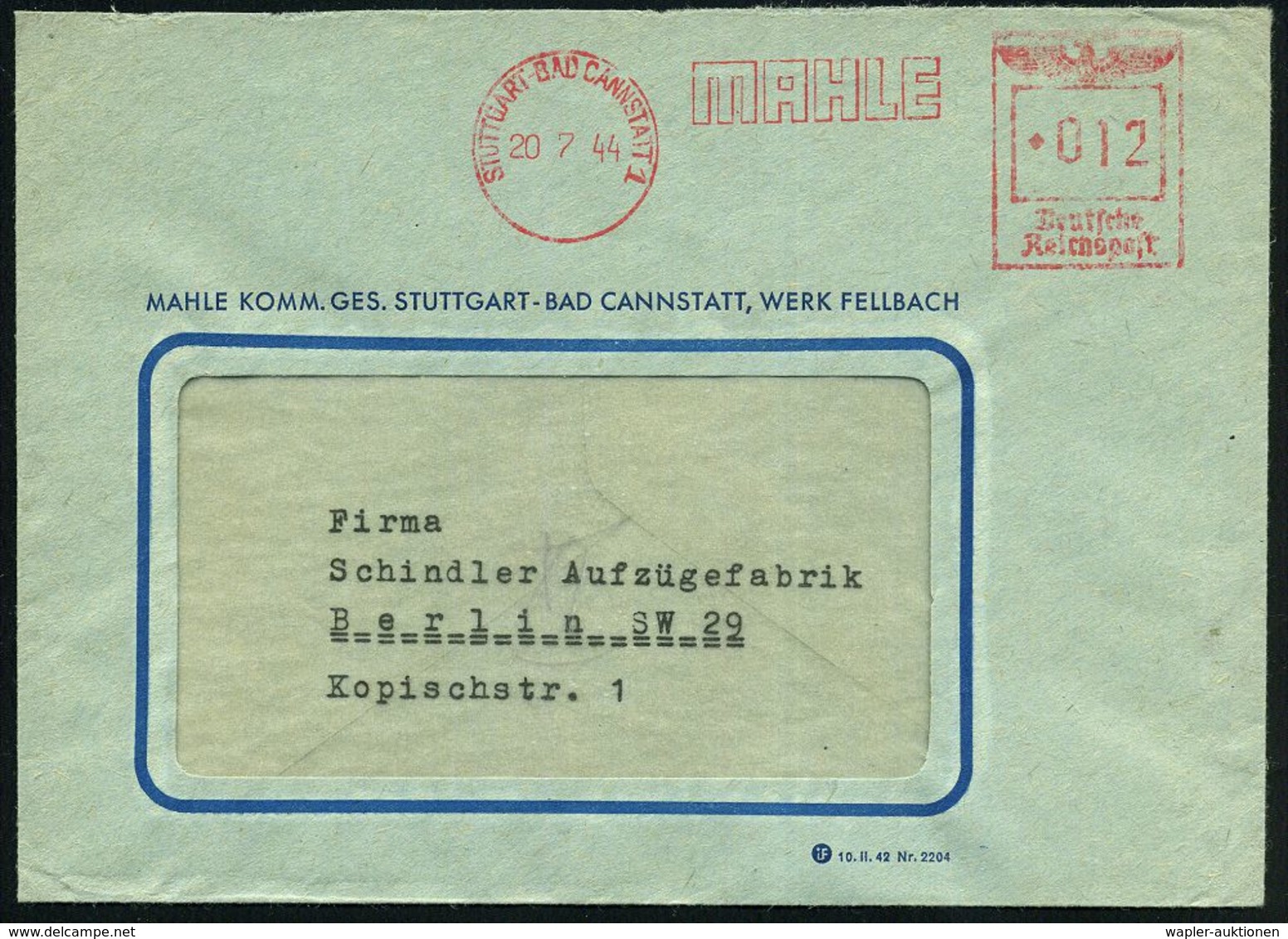 STUTTGART-BAD CANNSTATT 1/ MAHLE 1944 (20.7.) AFS Vom Tag Des Stauffenberg-Attentats Auf Hitler!, , Firmen-Bf., Seltenes - Sonstige & Ohne Zuordnung