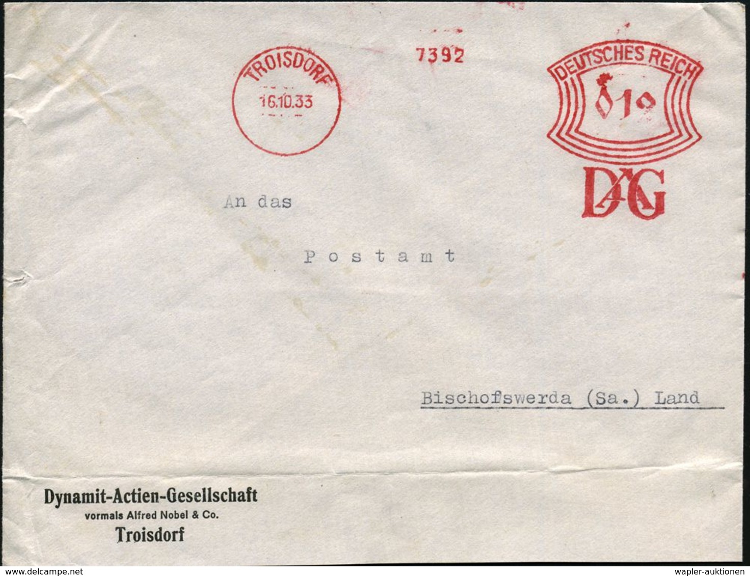 TROISDORF/ D A G 1933 (16.10.) AFS (Monogr.-Logo) Auf Firmen-Bf. (unten Querfalte): Dynamit-Actien-Gesellschaft/ Vormals - Autres & Non Classés