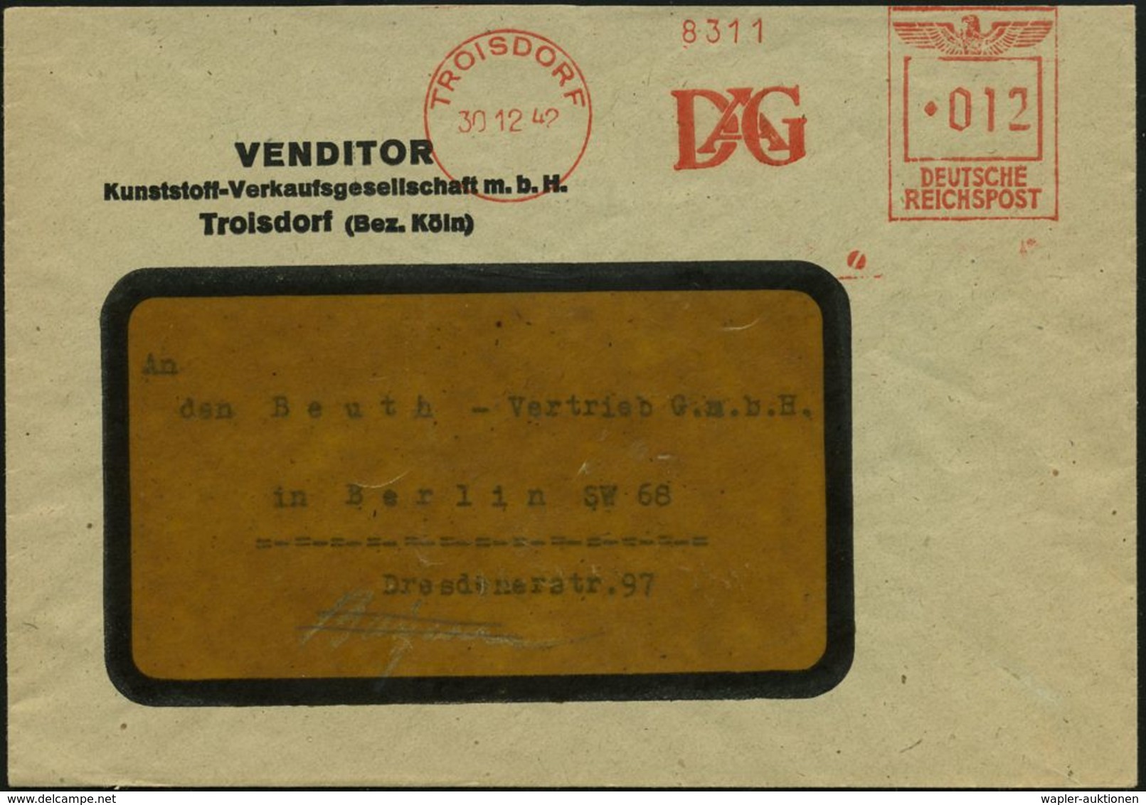 TROISDORF/ D A G 1942 (30.12.) Seltener AFS-Typ "Reichadler Antiqua" = D Ynamit-Nobel A G. Klar Gest. Firmen-Bf.: VENDIT - Altri & Non Classificati