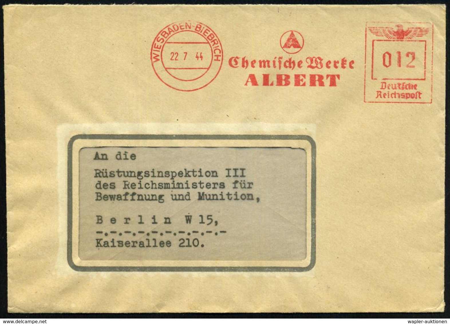 WIESBADEN-BIEBRICH/ Chemische Werke/ ALBERT 1944 (22.7.) AFS (Monogr.-Logo) Rs. Motivgl. Abs.-Vordr. + Zugestempelte PLG - Andere & Zonder Classificatie
