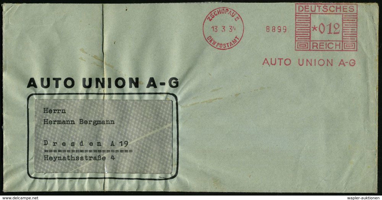 ZSCHOPAU 2/ DKW POSTAMT/ AUTO UNION A-G 1934 (13.3.) Seltener AFS = Hauspostamt! , Firmen-Bf. (gefaltet): AUTO UNION AG, - Andere & Zonder Classificatie