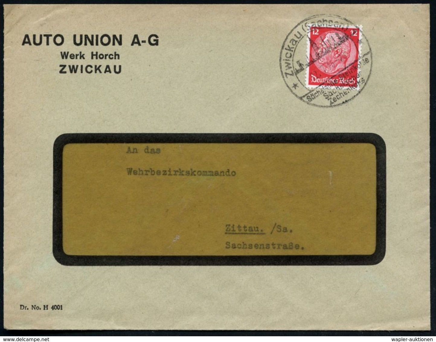 ZWICKAU (SACHSEN) 1/ Sächs.Steinkohle.. 1935 (22.11.) MWSt Auf 2x 12 Pf. Hindenbg. Mit Firmenlochung "H. W." = Horch-Wer - Other & Unclassified