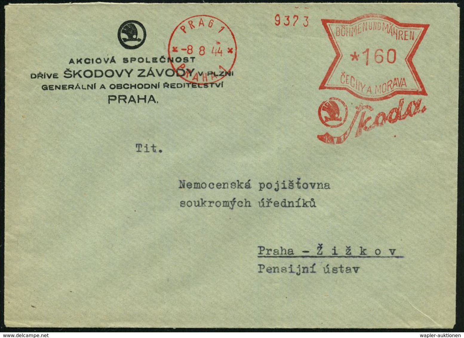 BÖHMEN & MÄHREN 1944 (8.8.) AFS.: PRAG 1/ PRAHA 1/ S K O D A (Firmen-Logo) = Hersteller PKW, LKW, Panzer 35 (t) Etc., Mo - Autres & Non Classés