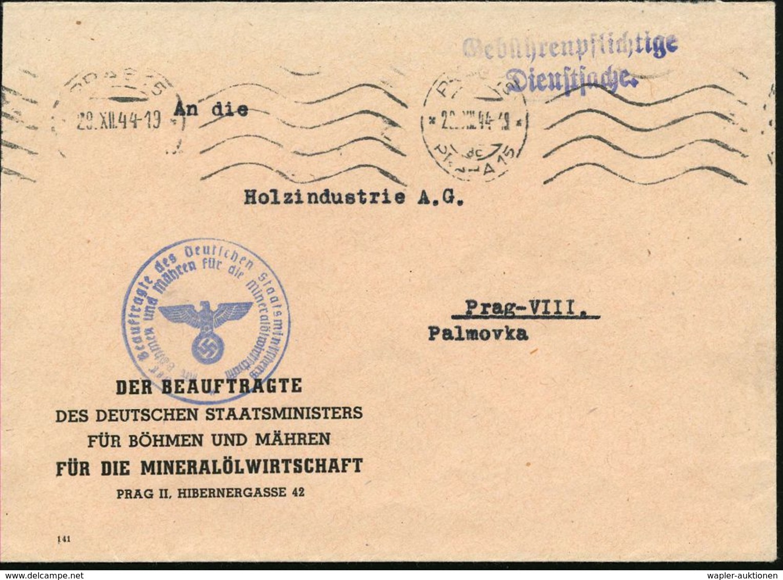 BÖHMEN & MÄHREN 1944 (29.12.) MaWellenSt.: PRAG 15 (teils Etw. Undeutl.) + Viol. 2L: Gebührenpflichtige/ Dienstsache, Fi - Otros & Sin Clasificación