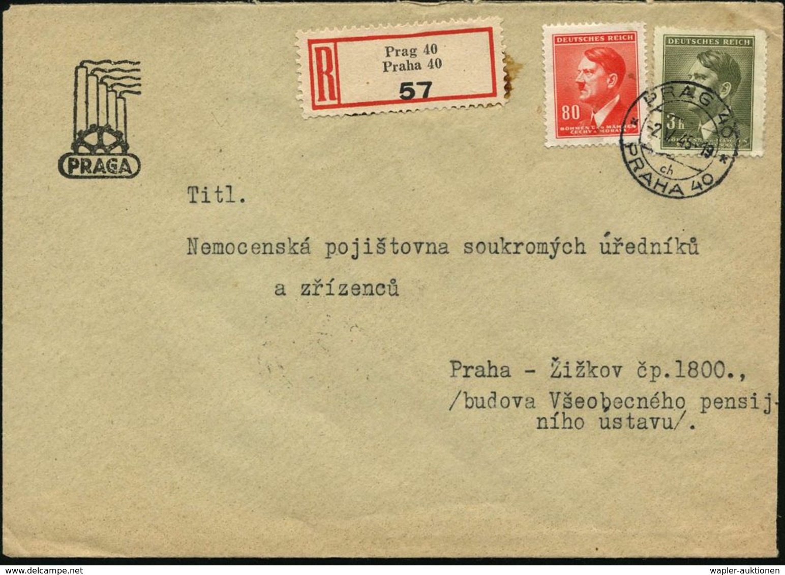 BÖHMEN & MÄHREN 1945 (2.5.) 2K-Steg: PRAG 40/ch/PRAHA 40 ,80 H. U. 3 K. Hitler (Zahnf.) + RZ: Prag 40/Praha 40 , Motivgl - Andere & Zonder Classificatie