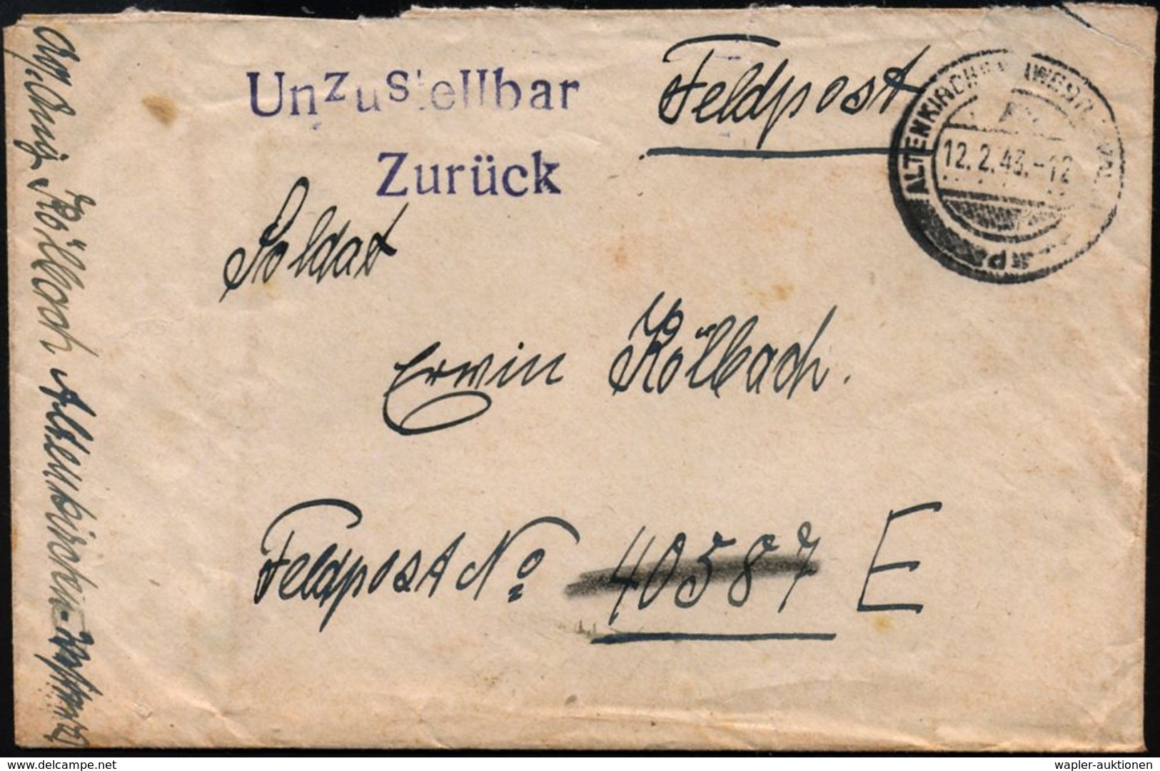 ALTENKIRCHEN (WESTERWALD)/ D 1943 (12.2.) 2K + Viol. 2L: Unzustellbar/Zurück =  S T A L I N G R A D ! , Kapitulation Nor - 2. Weltkrieg