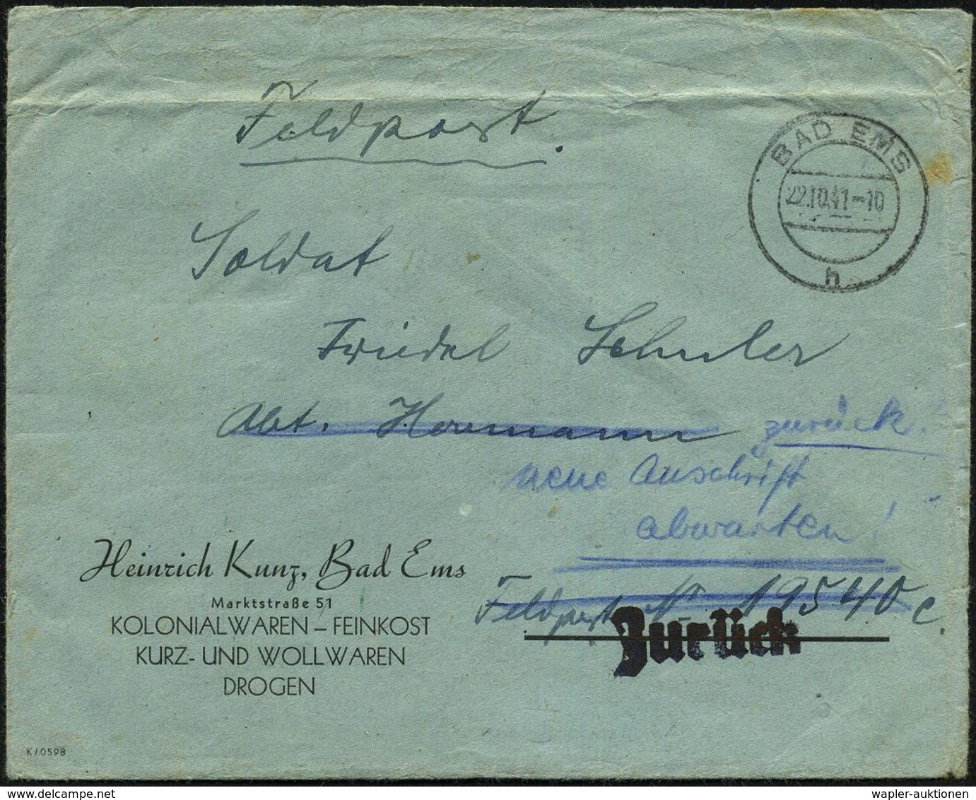 BAD EMS/ H 1941 (22.10.) 2K-Steg + Viol. 1L:  Z U R ü C K  + Hs. "neue Anschrift Abwarten!" (Mi.19.1.) Firmen-Feldpost-R - 2. Weltkrieg