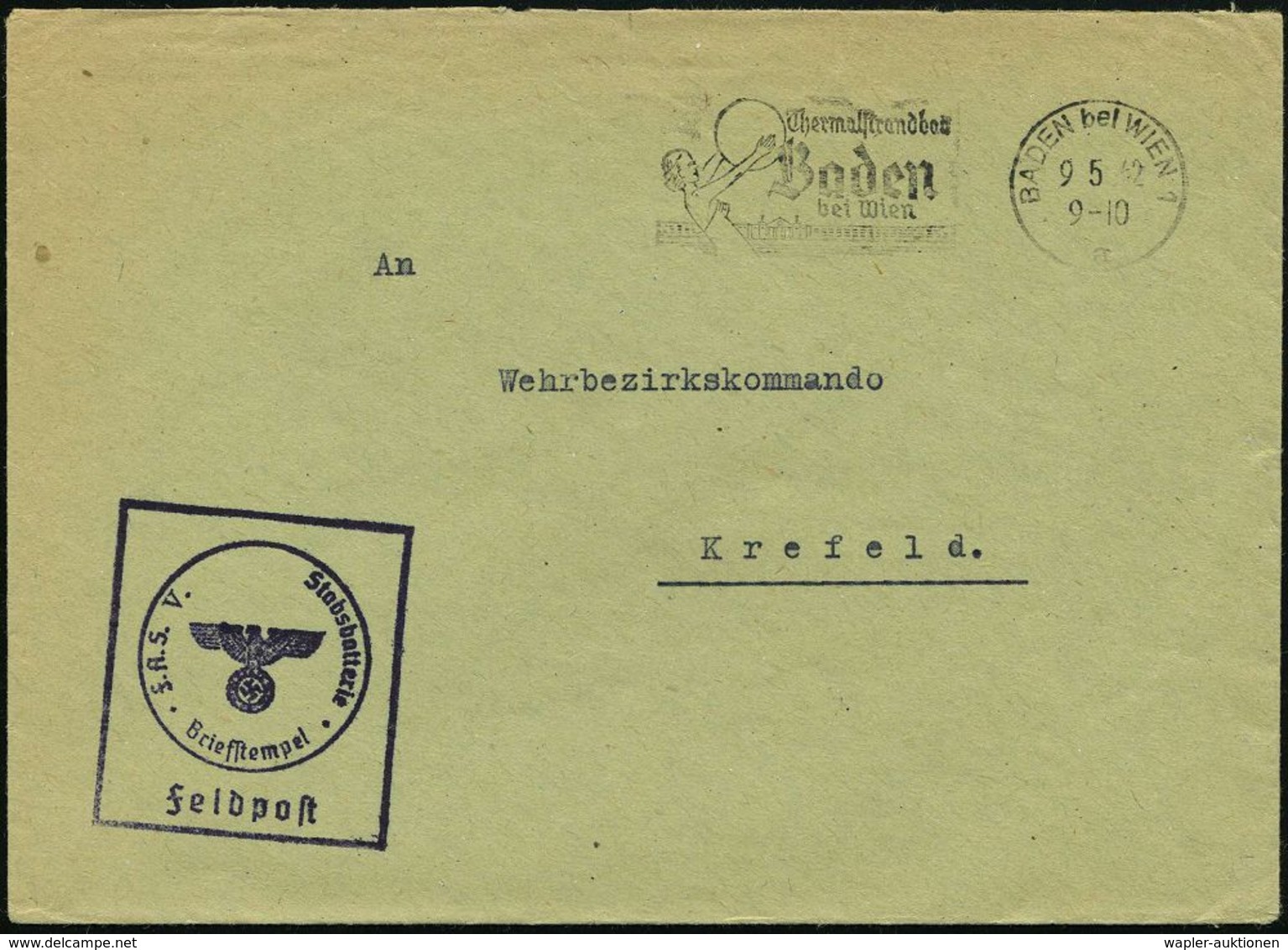 BADEN Bei WIEN 1/ A/ Thermalstrandbad.. 1942 (9.5.) MWSt (Frau Mit Medizinball) + Teil-aptierter HdN: F.A.S. V. Stabs-ba - Seconda Guerra Mondiale