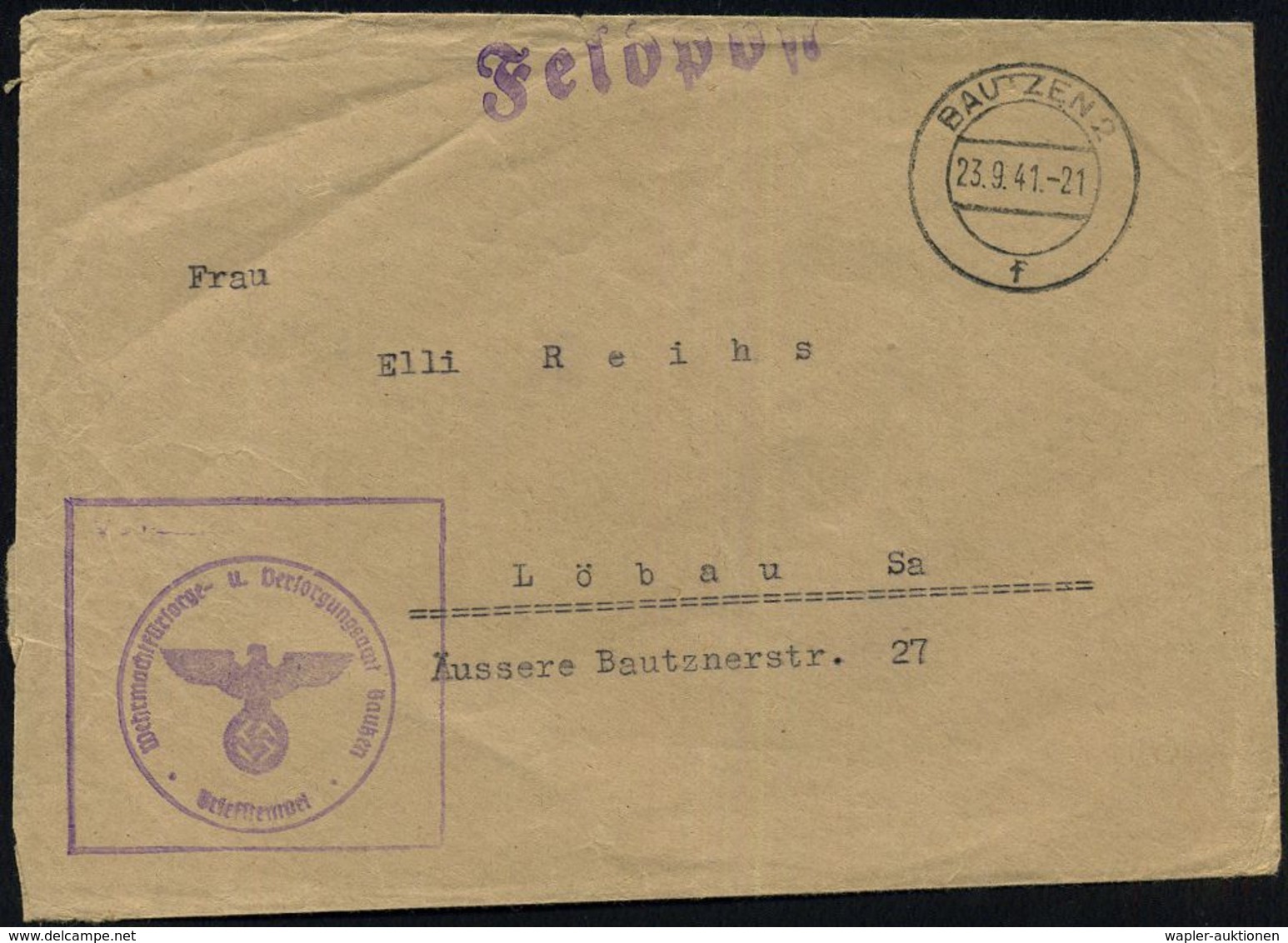 BAUTZEN 2/ F 1941 (23.9.) 2K-Steg + Viol., Aptierter Ra.: Wehrmachtsfürsorge- U. Versorgungsamt Bautzen ("FdAR" Entfernt - Guerre Mondiale (Seconde)