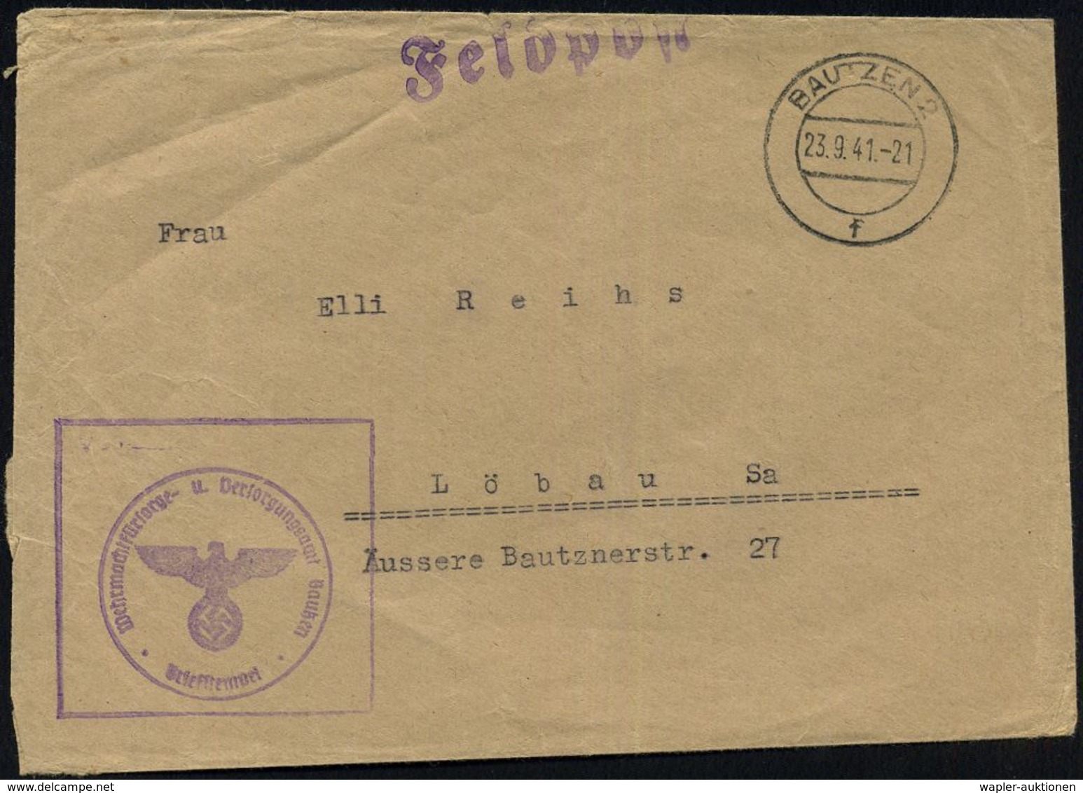 BAUTZEN 2/ F 1941 (23.9.) 2K-Steg + Viol., Aptierter Ra.: Wehrmachtsfürsorge- U. Versorgungsamt Bautzen ("FdAR" Entfernt - WO2