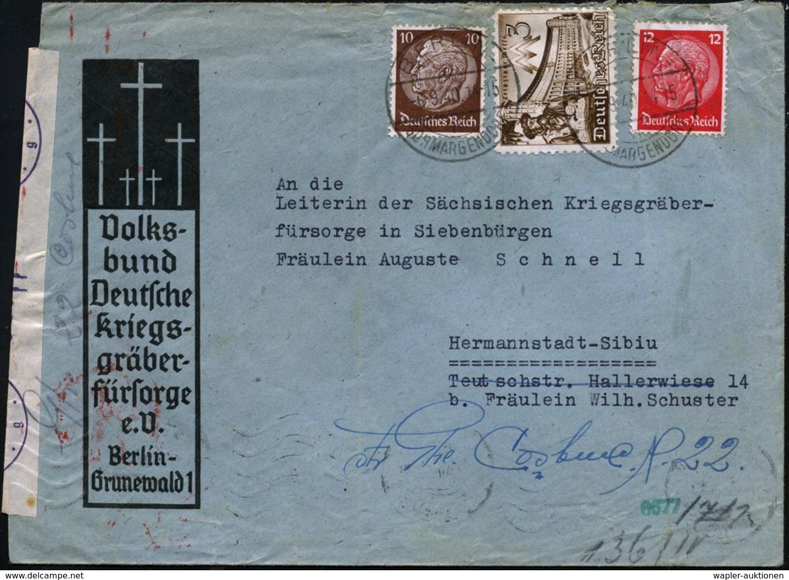 BERLIN-/ SCHMARGENDORF/ H 1940 (6.9.) 1K-Brücke Auf Vordr.Bf.: Volksbund Deutsche Kriegsgräberfürsorge E.V. (Kreu-ze) +  - WO2