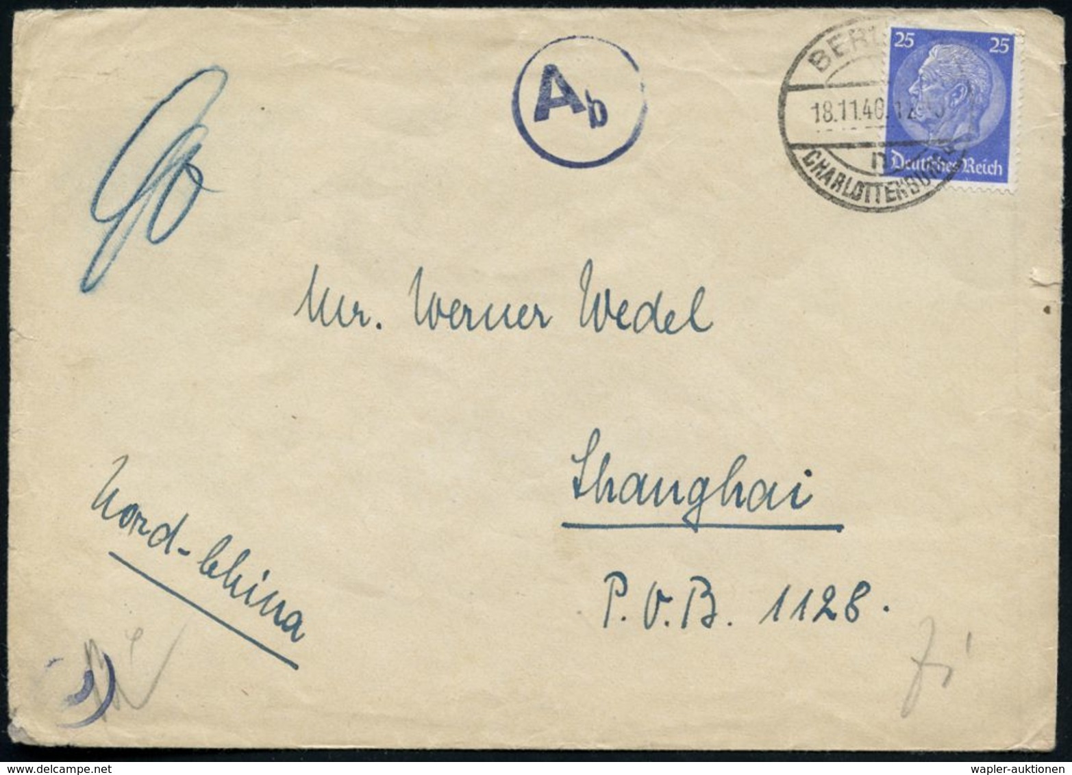 BERLIN-/ CHARLOTTENBURG 4/ N 1940 (18.11.) 1K-Brücke Auf EF 25 Pf. Hindenbg., Blau + Blauer Zensur-1K: A B + Rs. OKW-Zen - 2. Weltkrieg