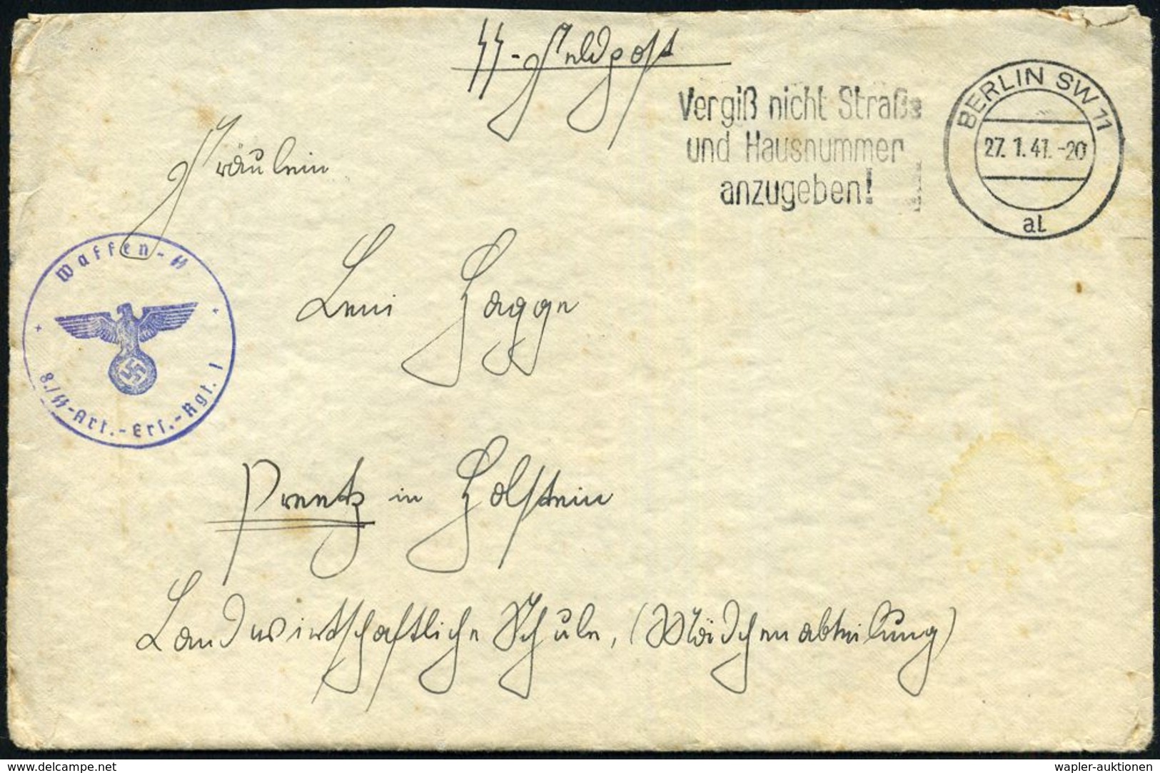 Berlin SW 11 1941 (27.1.) Viol. 1K-HdN: Waffen - S S / 8./ S S - Art.(illerie)-Ers.-Rgt. 1 + Rs. Hs. Abs.: "..SS-Staffel - Guerre Mondiale (Seconde)