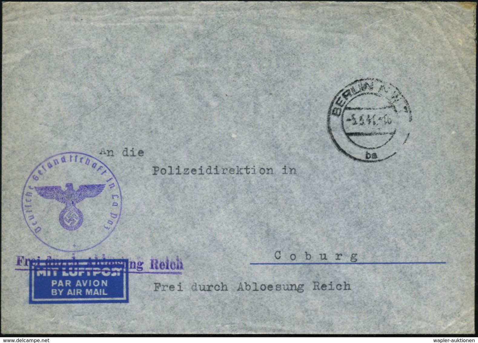 BERLIN NW7/ Bs 1941 (5.5.) 2K-Steg Auf Übersee-Flp.-Diplomaten-Kurier-Bf., Viol.1K-HdN.: Deutsche Gesandtschaft In La Pa - WO2