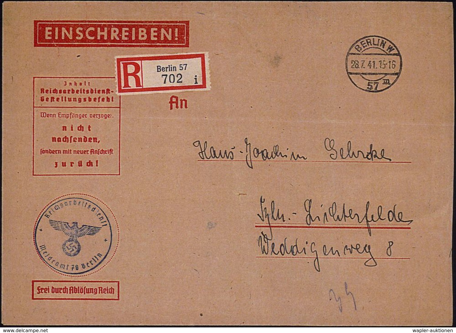 BERLIN W/ 57/ M 1941 (28.7.) 1K-Brücke + Blauer 1K-HdN: Reichsarbeitsdienst/meldeamt 78 Berlin + RZ: Berlin 57/i , Gr. D - WO2