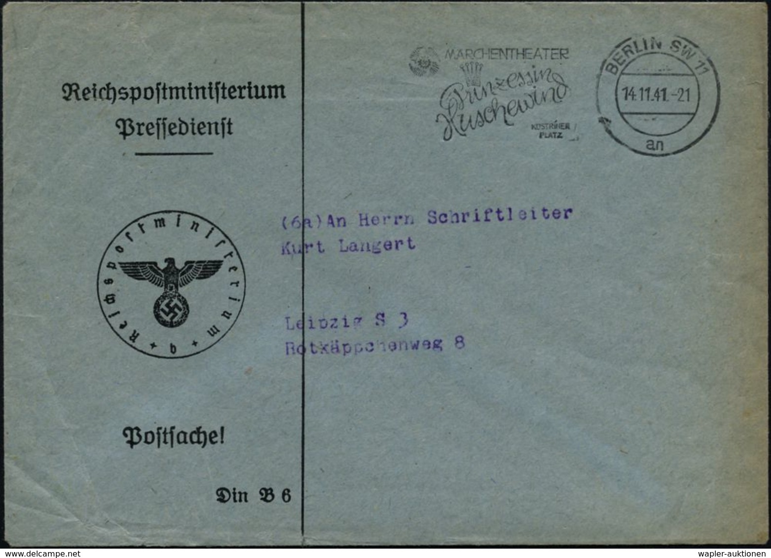 BERLIN SW 11/ An/ MÄRCHENTHEATER/ Prinzessin Huschewind.. 1941 (14.11.) Seltener MWSt (KdF-Logo, Krone) Fern-Bf.: Reichs - Seconda Guerra Mondiale