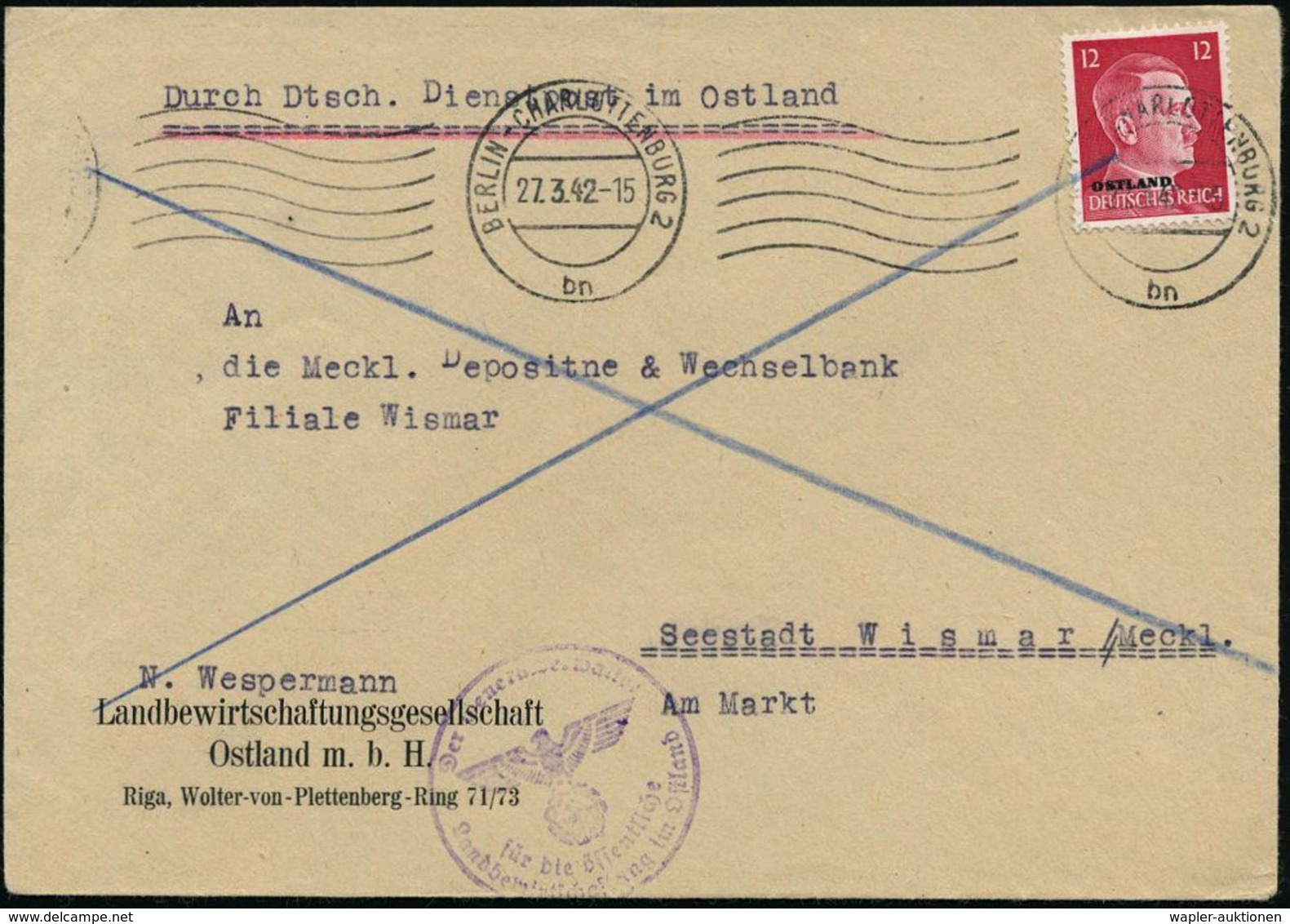 BERLIN-CHARLOTTENBURG 2/ Bn 1942 (27.3.) Ma.WellenSt. Auf EF 12 Pf. Hitler "Ostland"  = Nachträgl. Entwertet + Viol. 1K- - WO2