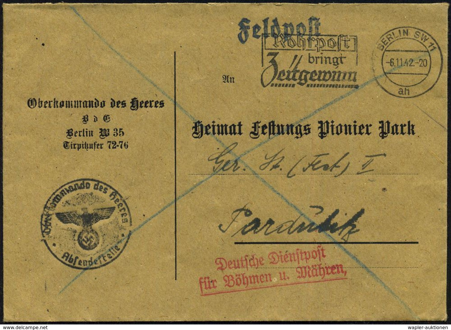 BERLIN SW 11/ Ah/ Rohrpost/ Bringt/ Zeitgewinn 1942 (6.11.) MWSt + Roter 2L: Deutsche Dienstpost/ Für Böhnen U. Mähren , - WW2 (II Guerra Mundial)